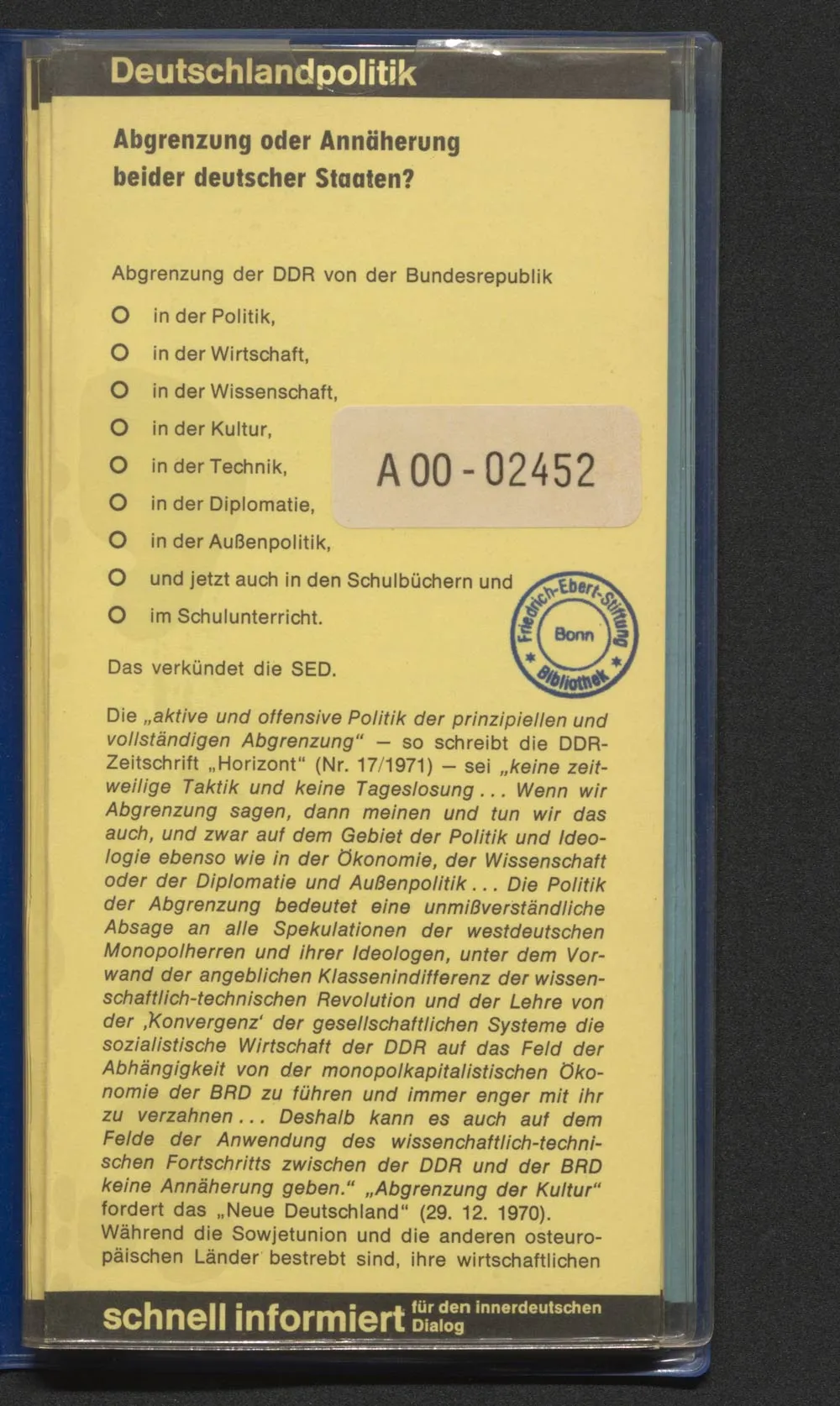 Stichwortkarte „Schnell informiert für den innerdeutschen Dialog“, 1971 