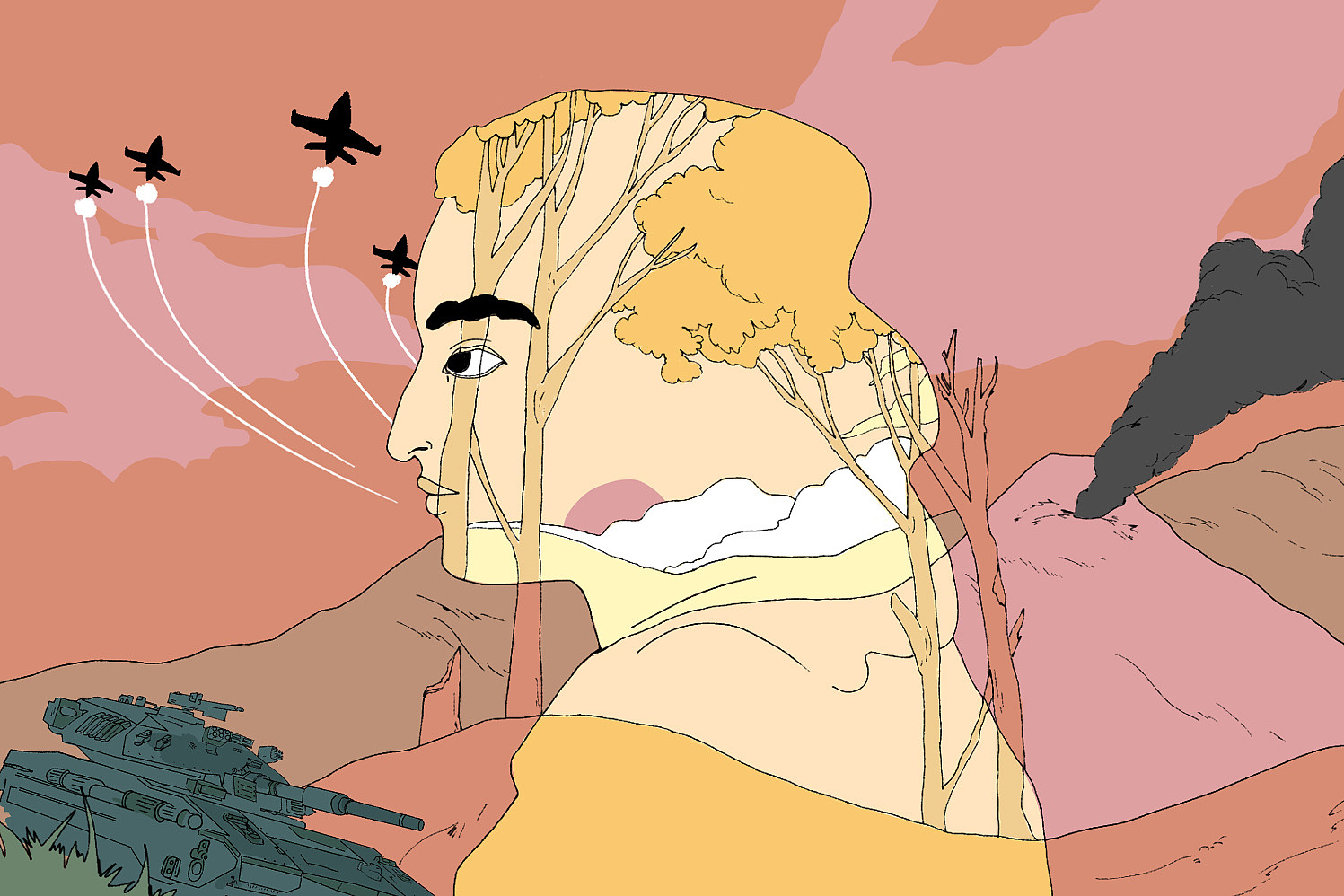 Illustration eines Profils einer Person, dessen Kopf teilweise transparent ist und in dem Bäume und eine Landschaft eingebettet sind. Im Hintergrund sind Militärflugzeuge mit Kondensstreifen und ein Panzer. Rechts steigen Rauchwolken aus einem brennenden Gebiet auf.