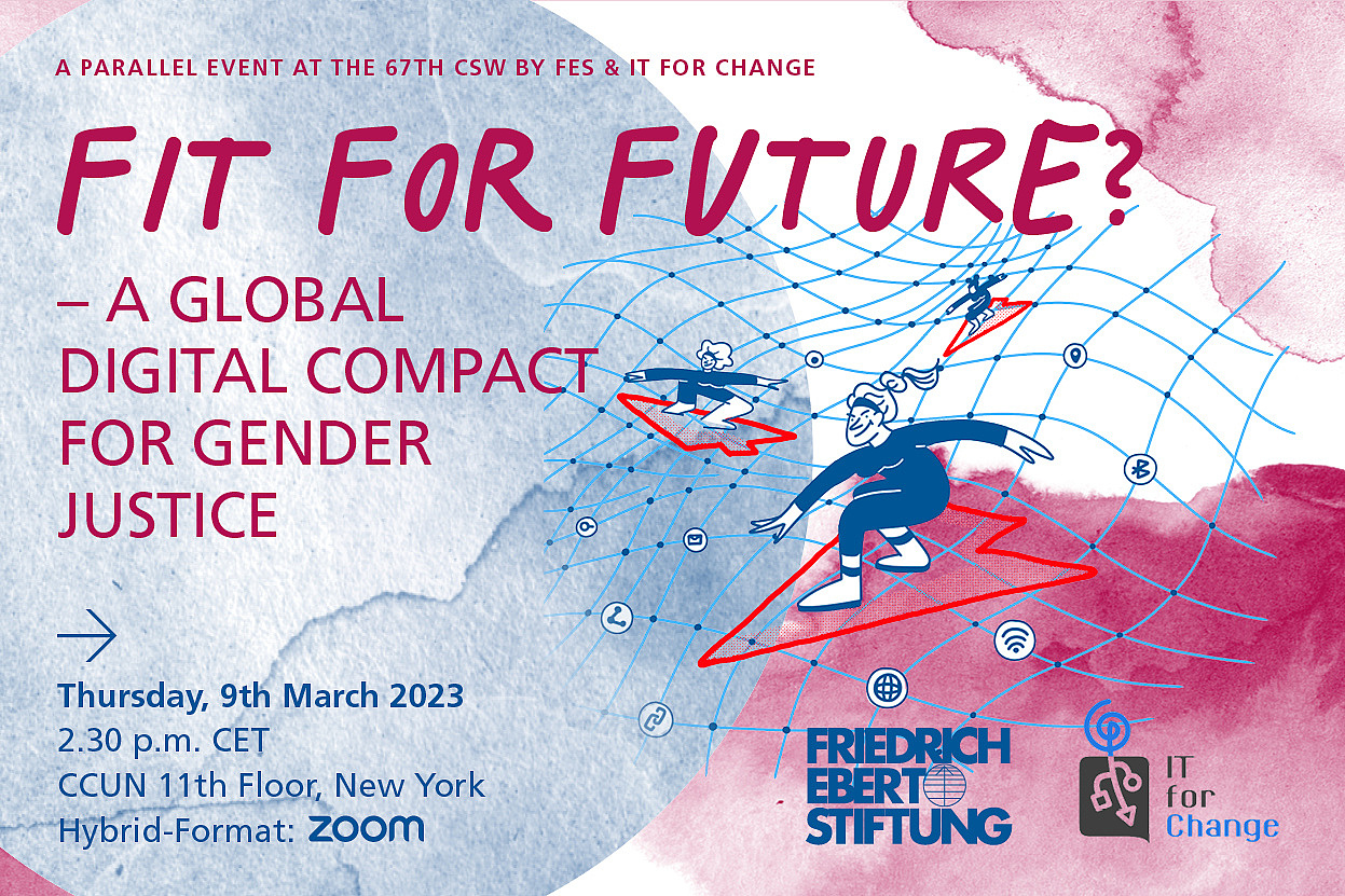 Veranstaltungsbanner für das Event "Fit for Future? – A Global Digital Compact for Gender Justice" Die Illustration zeigt zwei Frauen, die auf Pfeilen über ein digitales Netzwerk surfen, was auf das Thema digitale Gerechtigkeit hinweist.