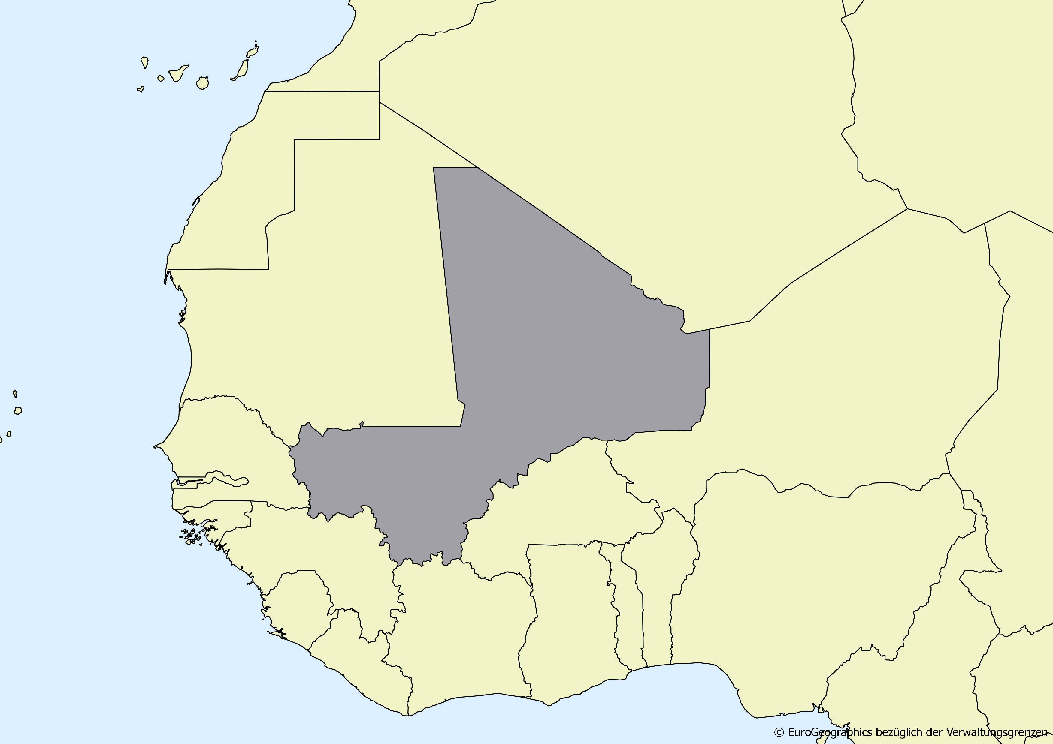 Ausschnitt einer Karte des afrikanischen Kontinents mit Ländergrenzen. Im Zentrum steht Mali grau hervorgehoben
