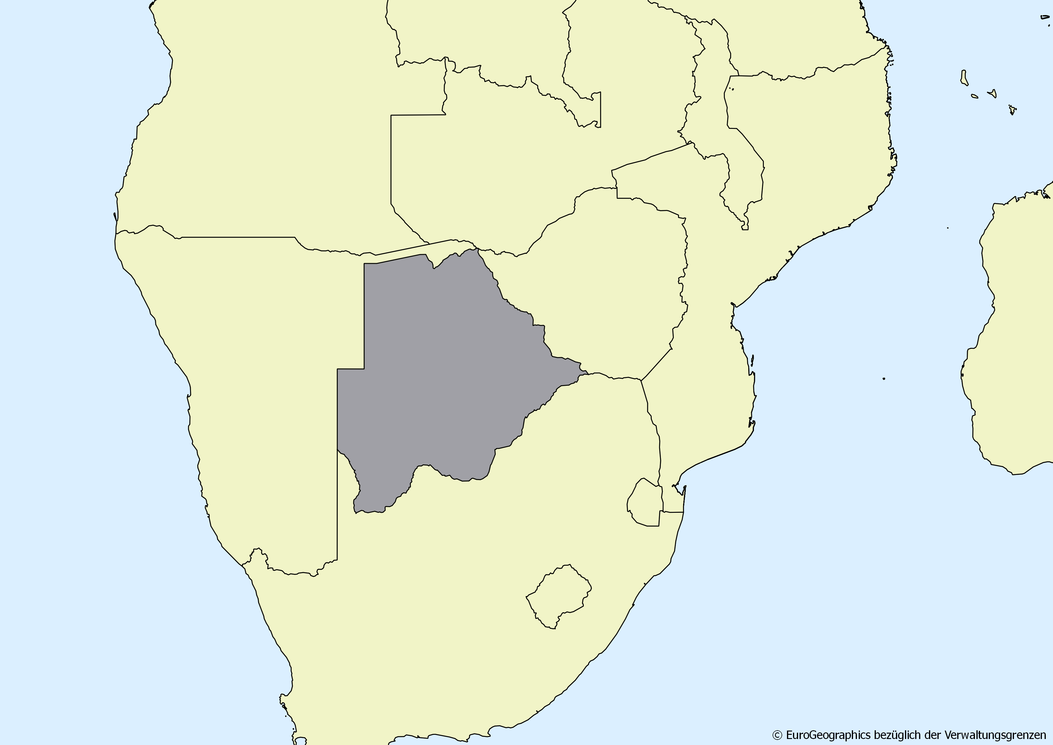 Ausschnitt einer Karte des afrikanischen Kontinents mit Ländergrenzen. Im Zentrum steht Botsuana grau hervorgehoben