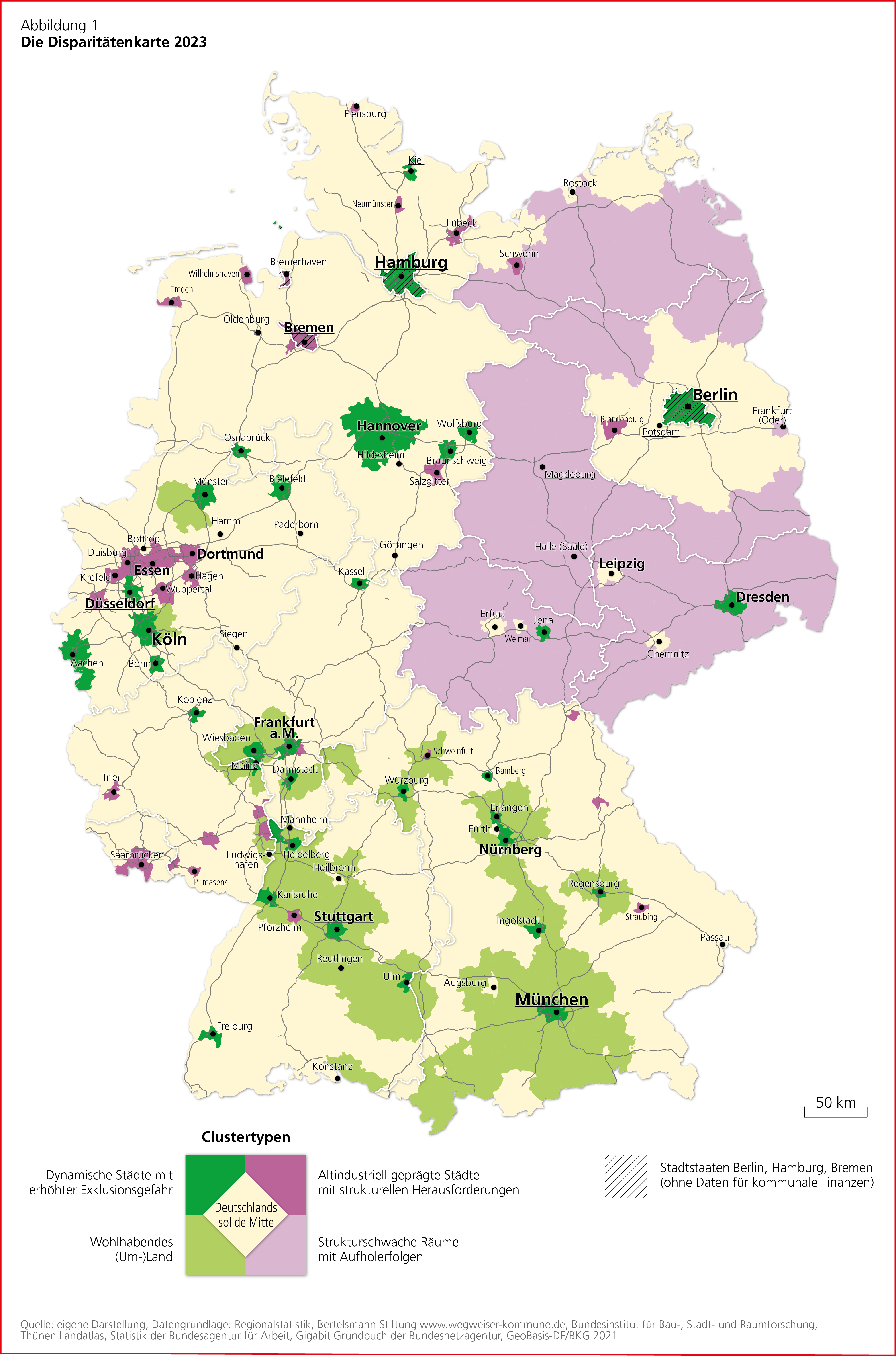 Deutschlandkarte mit Studienergebnissen mit der Überschrift "Die Disparitätenkarte 2023"