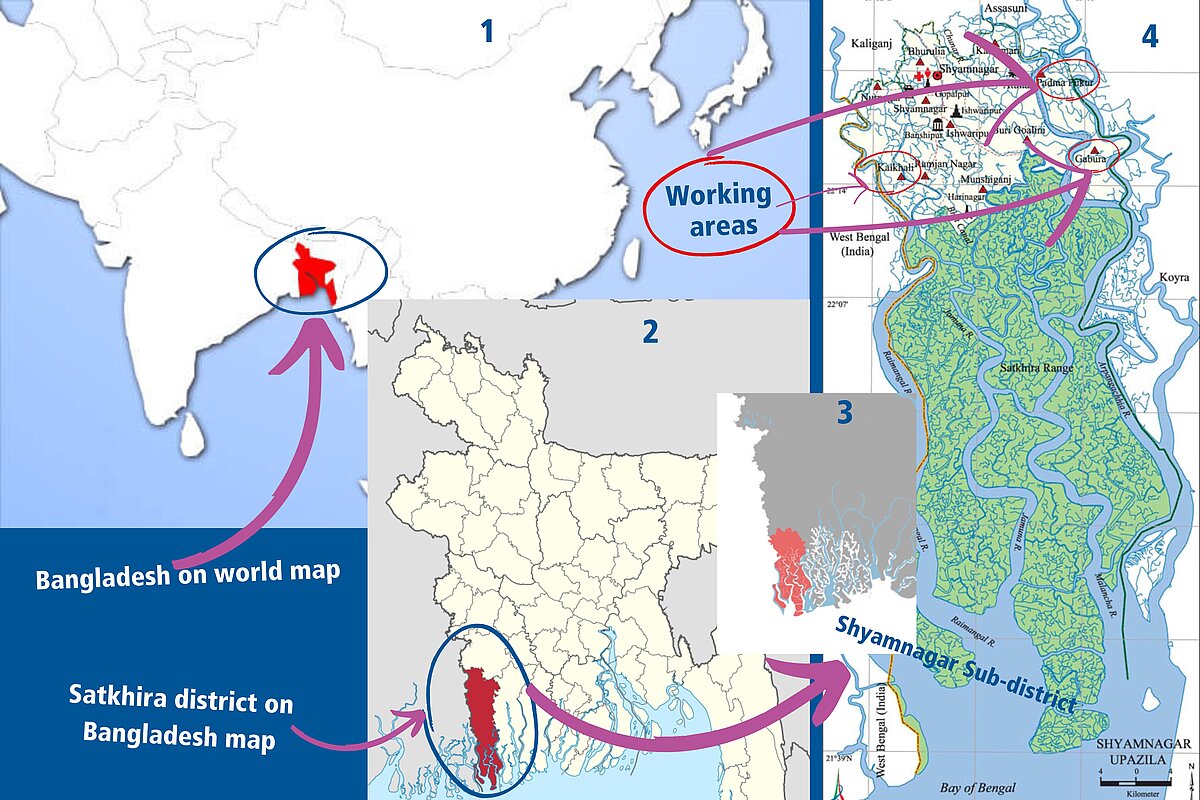 Vier ineinander verschachtelte Karten zeigen die Region in Bangladesch, in der die Fotos entstanden sind