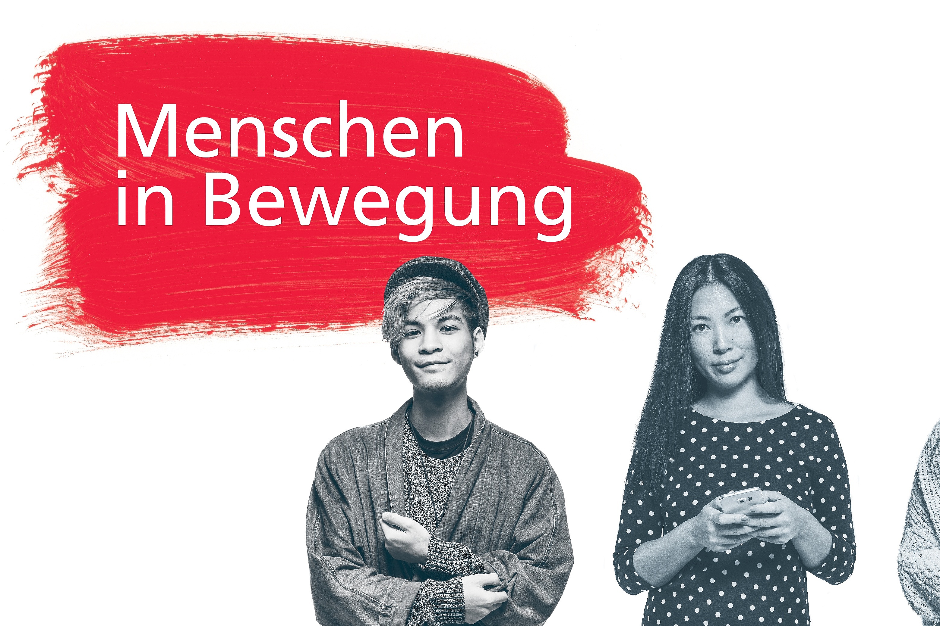 Junge Erwachsene erklären etwas mit freundlichen Gesichtern. Die Fotos sind in schwarz-weiß. Links ein roter Farbklecks, auf dem in weißer Farbe steht "Menschen in Bewegung". Rechts das Logo der Friedrich-Ebert-Stiftung.