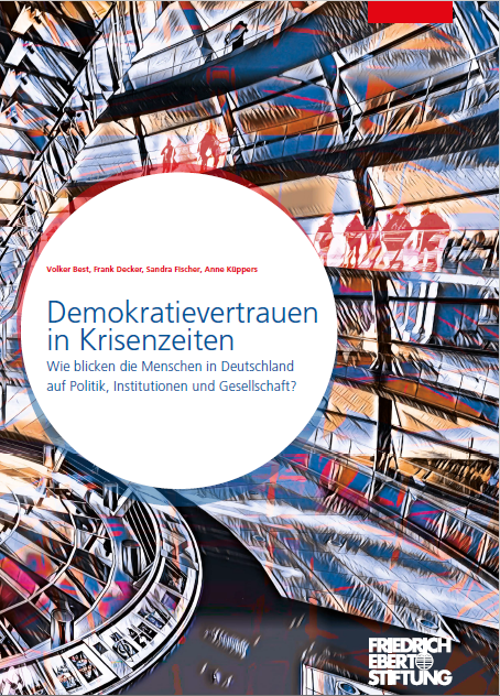 Das Innere der Kuppel des Deutschen Bundestages mit farbigen Lichtreflexen und dem Titel der Studie: Demokratievertrauen in Krisenzeiten