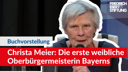 Video-Thumbnail: Foto von Christa Meier mit Mikrofon. Darunter weißer Text "Buchvorstellung: Christa Meier: Die erste weibliche Oberbürgermeisterin Bayerns".