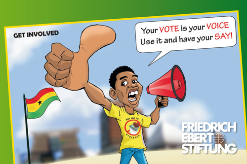 Karikatur Wahlen: Mann aus Ghana mit Megafon, trägt Tshirt mit "No to Violence" (nein zur Gewalt) und erhobenem Daumen. Sprechblase: Your Vote is your Voice, Use it and have your say." (Übersetzung: Deine Wahlstimme ist deine Stimme, nutze sie, um zu sprechen.