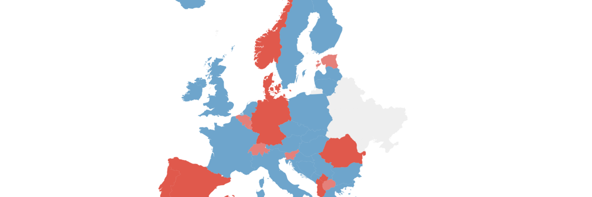 Europakarte mit roter und blauer Einfärbung der Länder je nach Regierungszusammensetzung (Sozialdemokratisch und Nichtsozialdemokratisch)