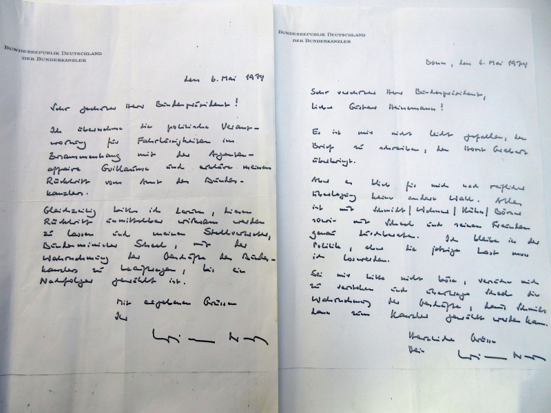 Willy Brandts Rücktrittsschreiben nebst Begleitbrief (Kopien), 6. Mai 1974