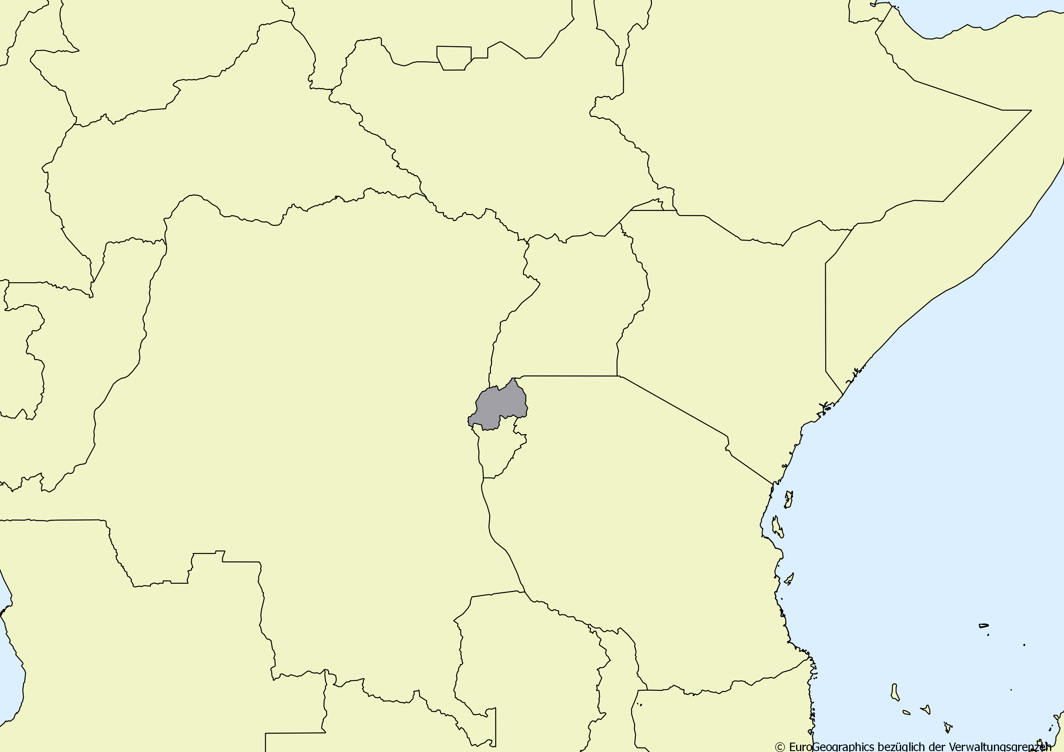 Ausschnitt einer Karte des afrikanischen Kontinents mit Ländergrenzen. Im Zentrum steht Ruanda grau hervorgehoben
