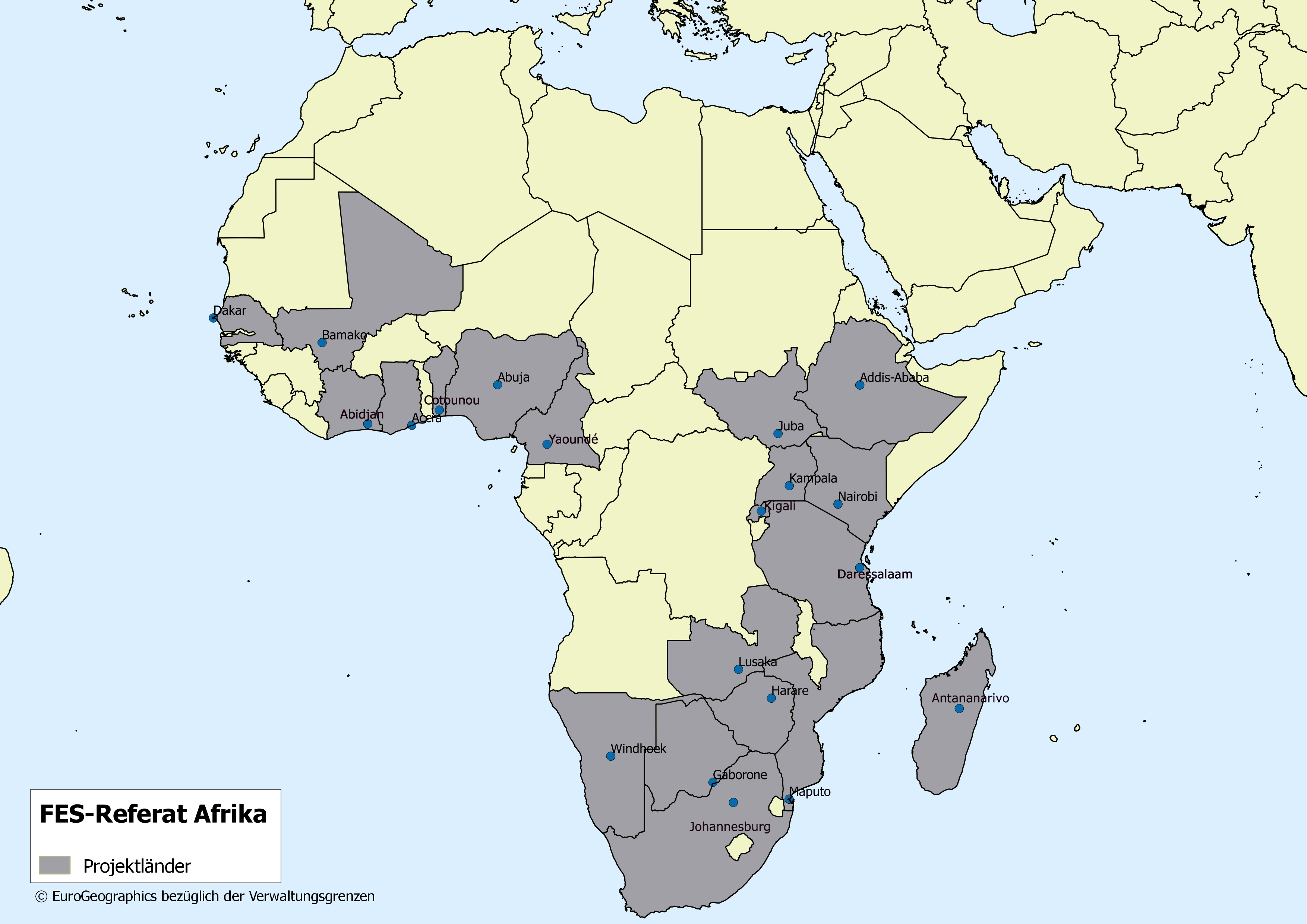 Karte mit markierten Länderumrissen der FES-Standorte in Subsahara-Afrika