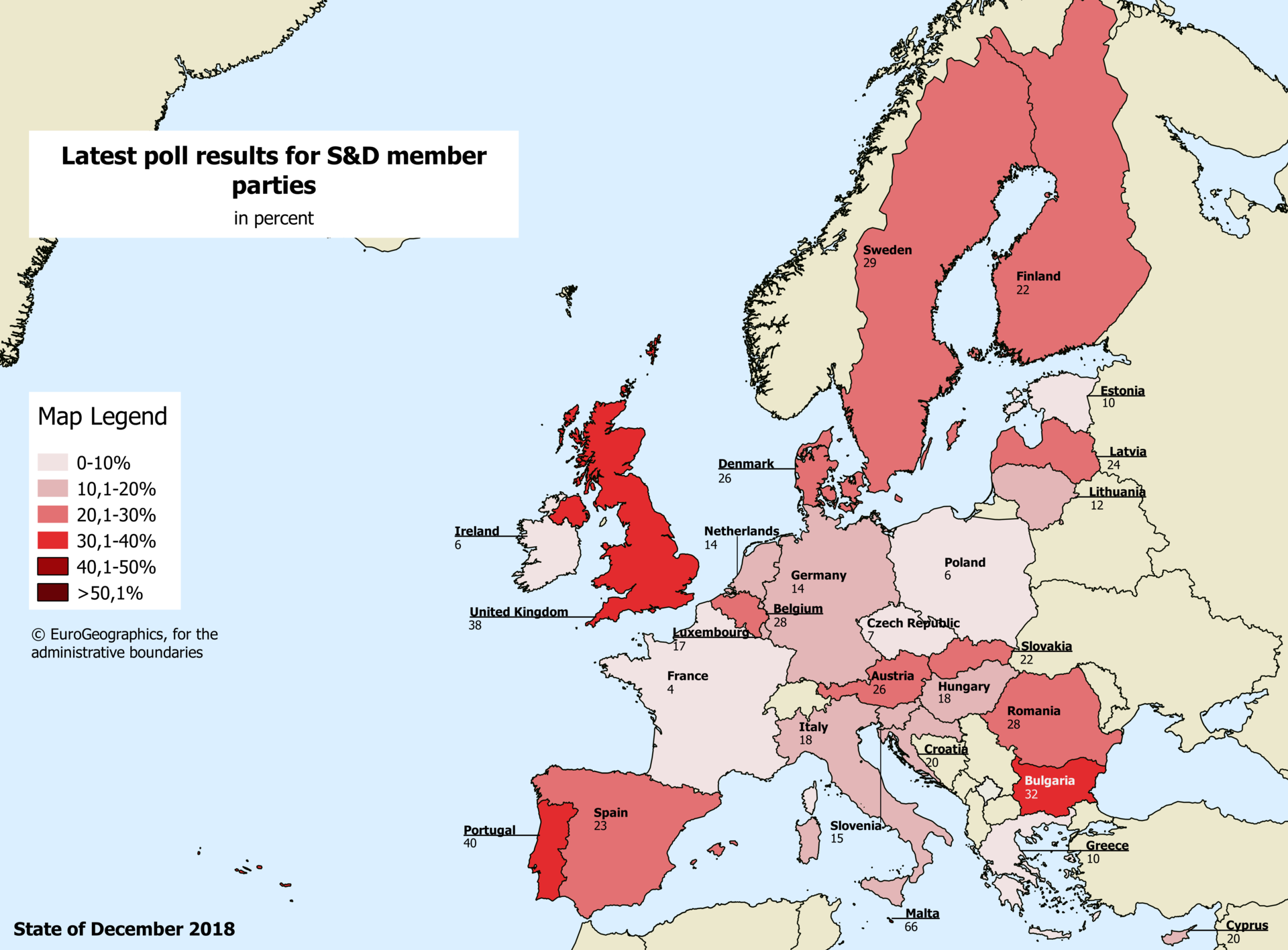 Europakarte mit aktuellen Umfrageergebnissen der sozialen und demokratischen Mitgliedsparteien 2018.