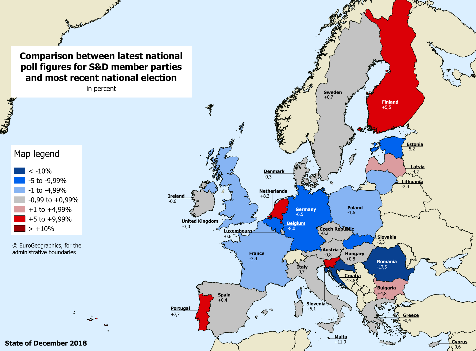 Europakarte mit nationalen Umfragewerten der sozialen und demokratischen Mitgliedsparteien 2018 gegenüber der Europawahl 2014.