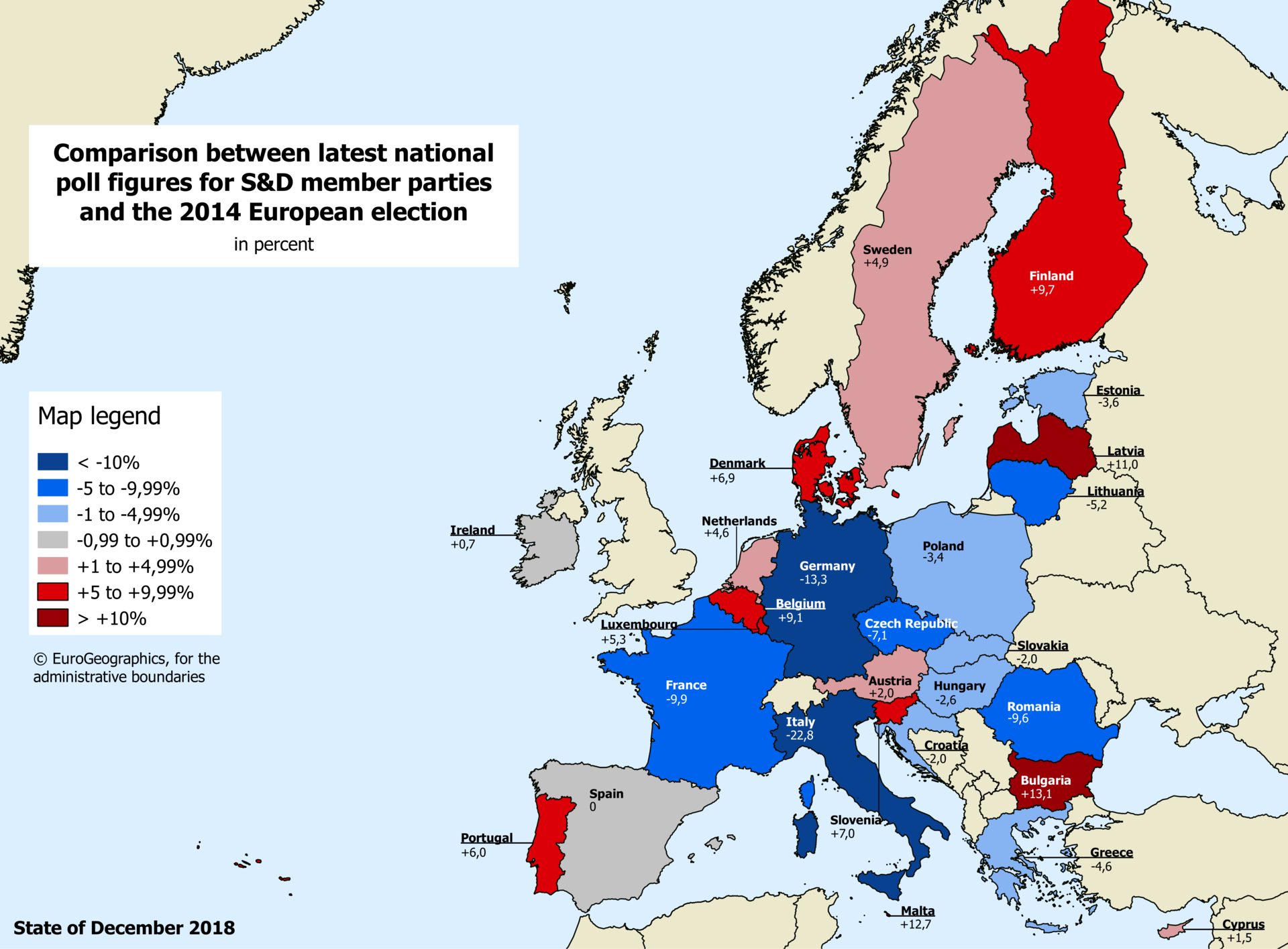 Europakarte mit nationalen Umfragewerten der sozialen und demokratischen Mitgliedsparteien 2018 gegenüber der Europawahl 2014.