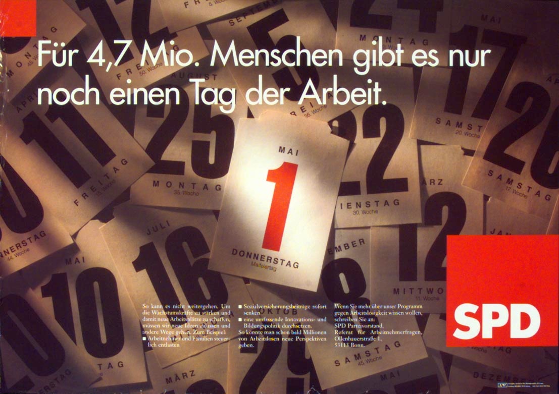 Plakat der SPD, 1997. Kalenderblatt mit dem 1. Mai im Vordergrund
