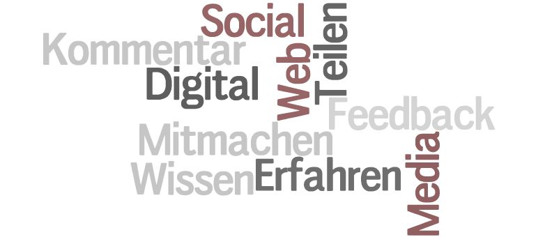 Wortwolke mit den Worten "Social, Digital, Kommentar, Web, Teilen, Mitmachen, Feedback, Wissen, Erfahren, Media"