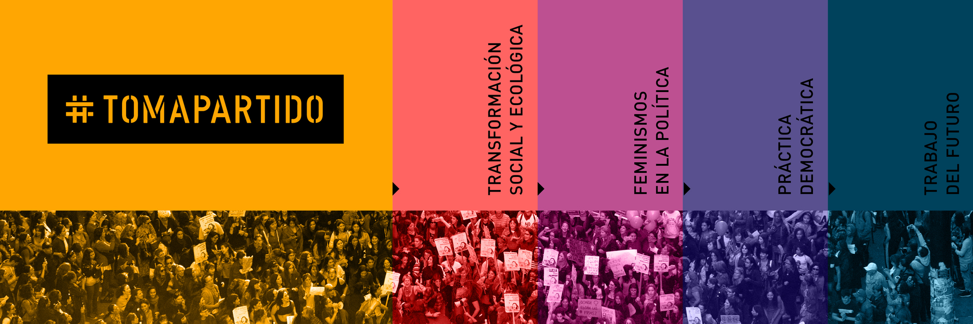 Demonstration und grafisches Banner mit den Worten:#ErgreifePartei, sozial-ökologische Transformation, Feminismus in der Politik, demokratische Praxis, Arbeit der Zukunft