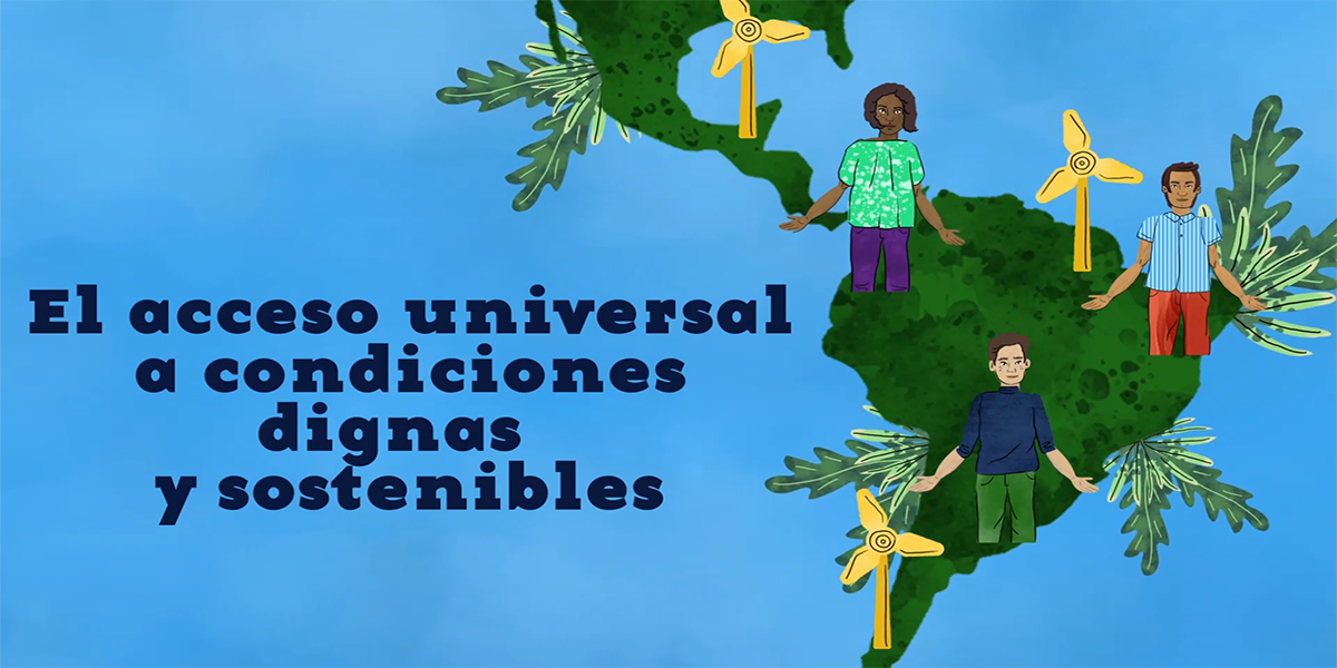 Landkarte Südamerikas mit Karikaturen von Menschen, die auf dem Kontinent stehen. Übersetzung der Schrift: Der universelle Zugang zu würdevollen und nachhaltigen Lebensumständen