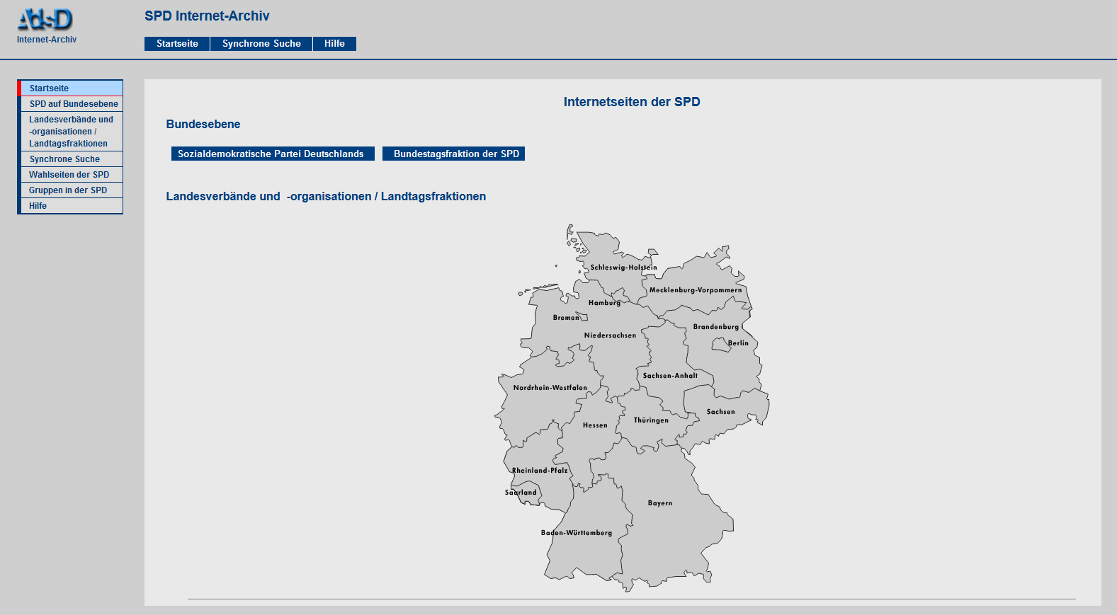 Screenshot der Oberfläche des "Politischen Internet Archivs", des ersten Webarchivs des AdsD. 