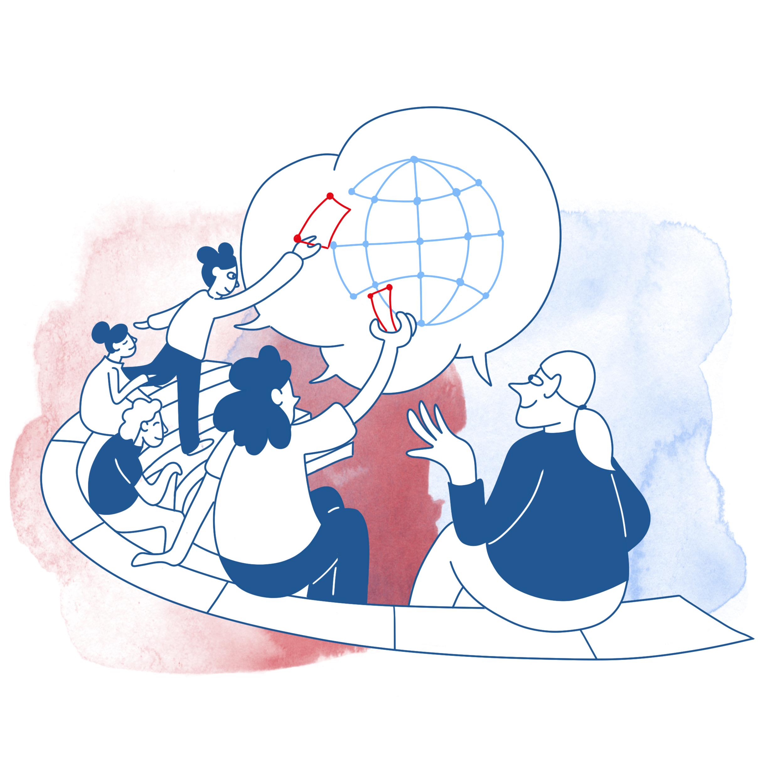 Illustration: 4 Frauen sitzen auf einer kreisrunden Bank und schauen sich eine Weltkugel aus Netzknoten an