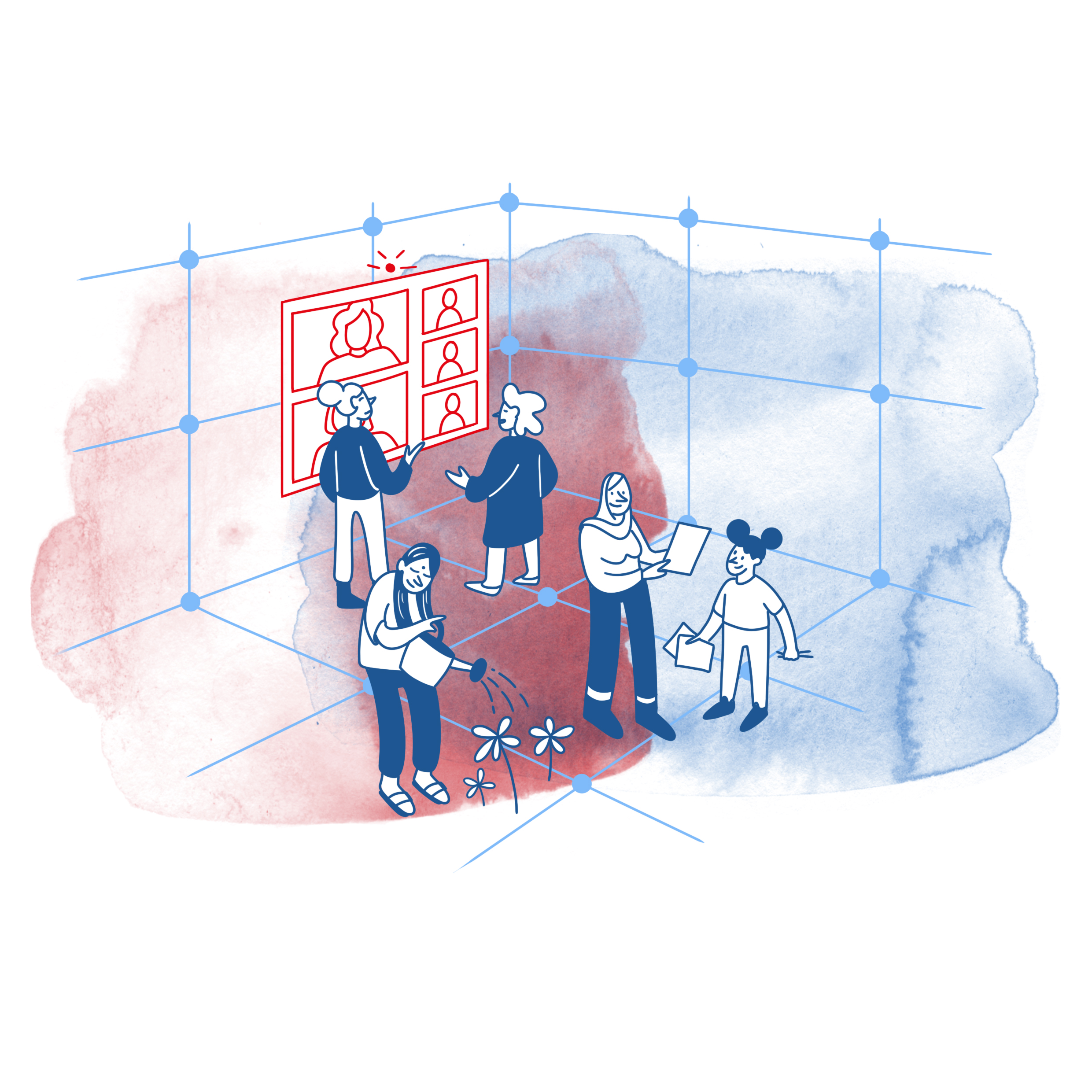 Illustration: 5 Frauen stehen in einem Raum aus Netzknoten