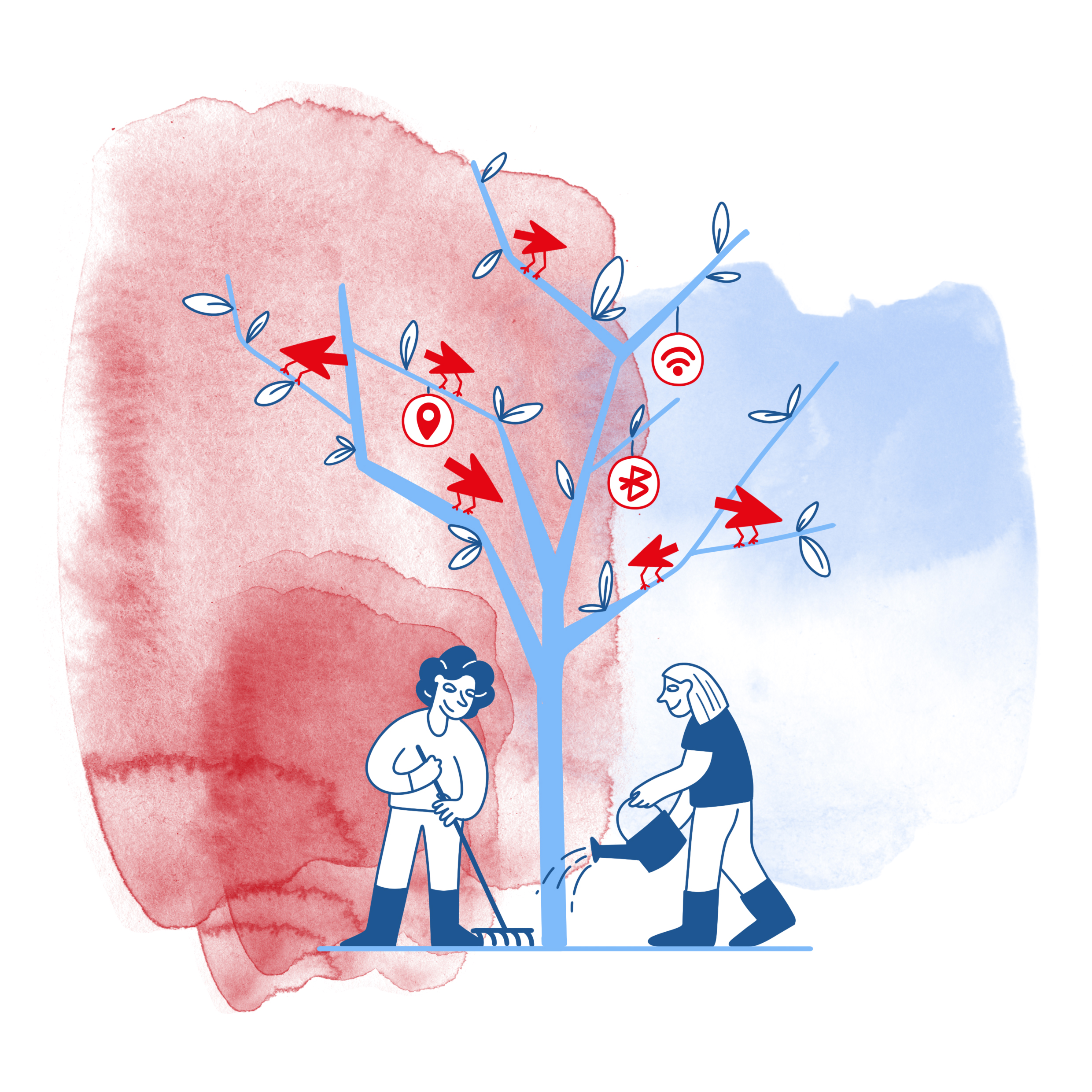 Illustration: 2 Frauen gießen einen Baum, an dem Symbole aus dem Internet in Form von Früchten wachsen
