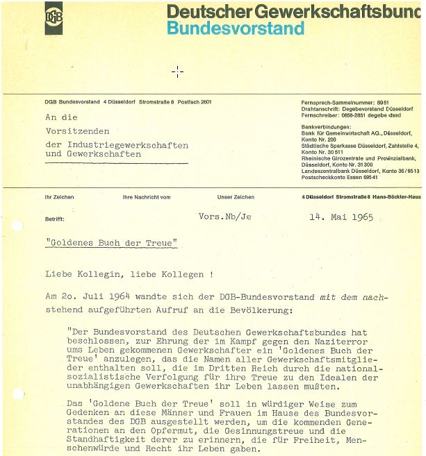 Schreiben des DGB-Vorstands an die Vorsitzenden der Industriegewerkschaften und Gewerkschaften vom 14. Mai 1965 mit dem Aufruf, sich am "Goldenen Buch der Treue" zu beteiligen
