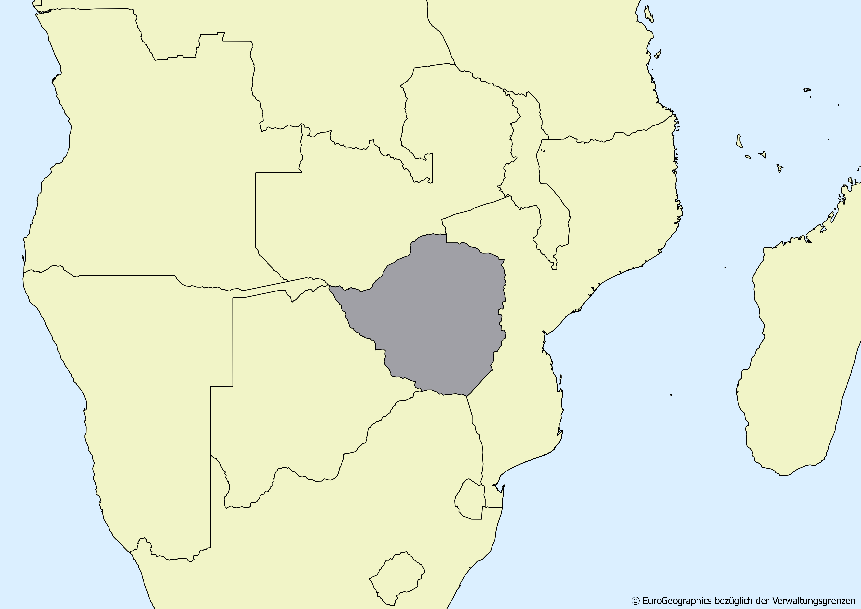 Ausschnitt einer Karte des afrikanischen Kontinents mit Ländergrenzen. Im Zentrum steht Simbabwe grau hervorgehoben