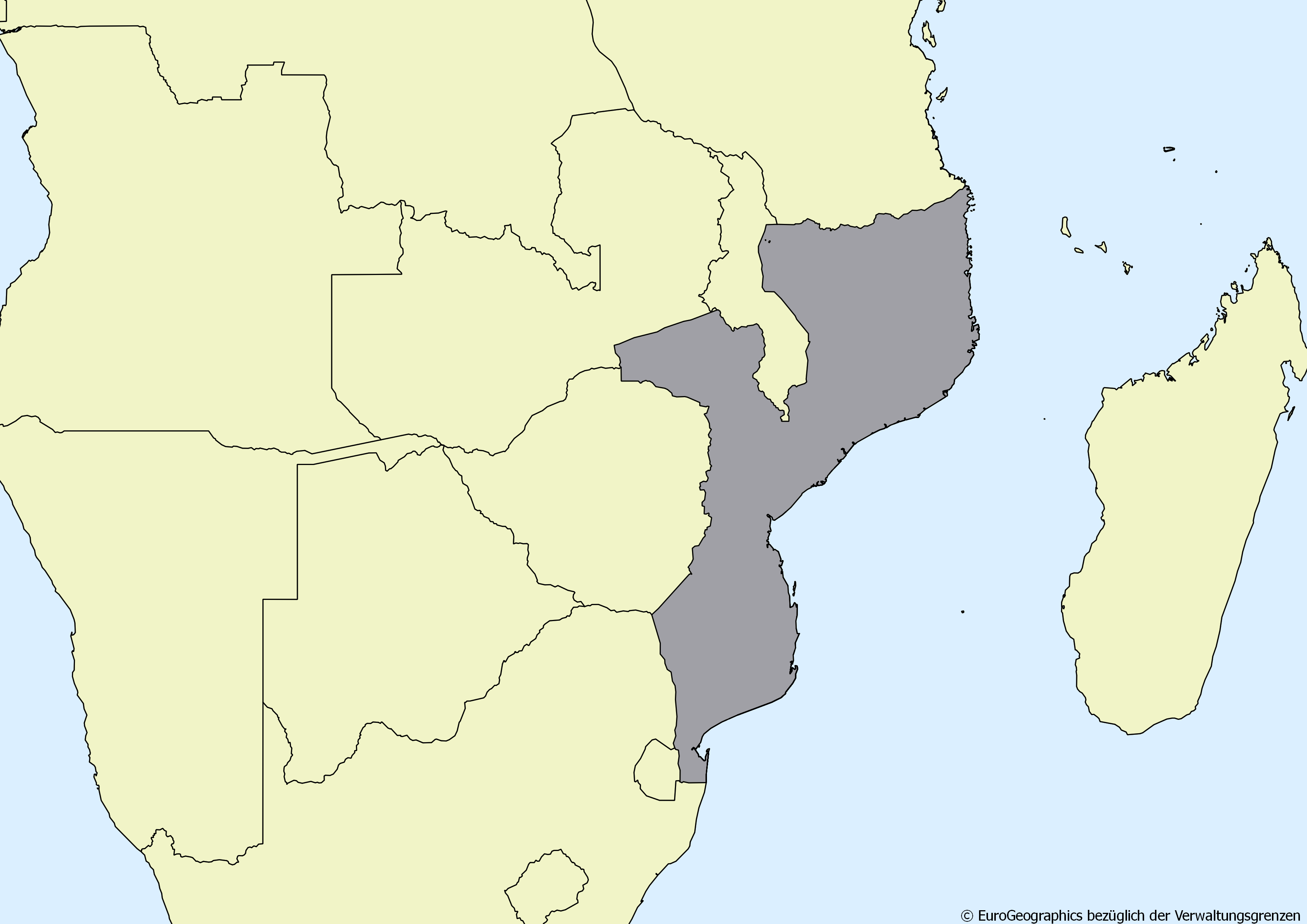 Ausschnitt einer Karte des afrikanischen Kontinents mit Ländergrenzen. Im Zentrum steht Mosambik grau hervorgehoben