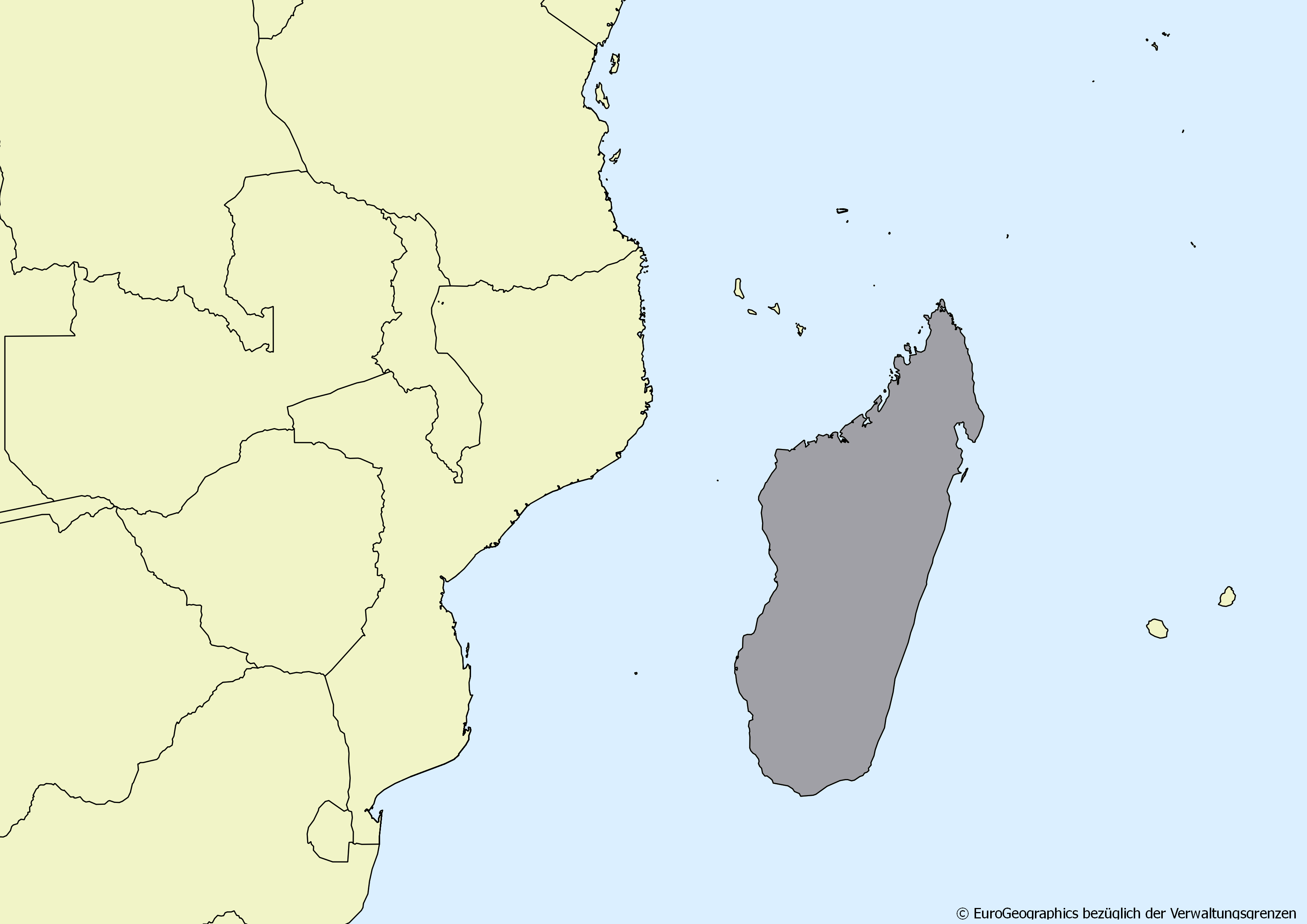 Ausschnitt einer Karte des afrikanischen Kontinents mit Ländergrenzen. Im Zentrum steht Madagaskar grau hervorgehoben