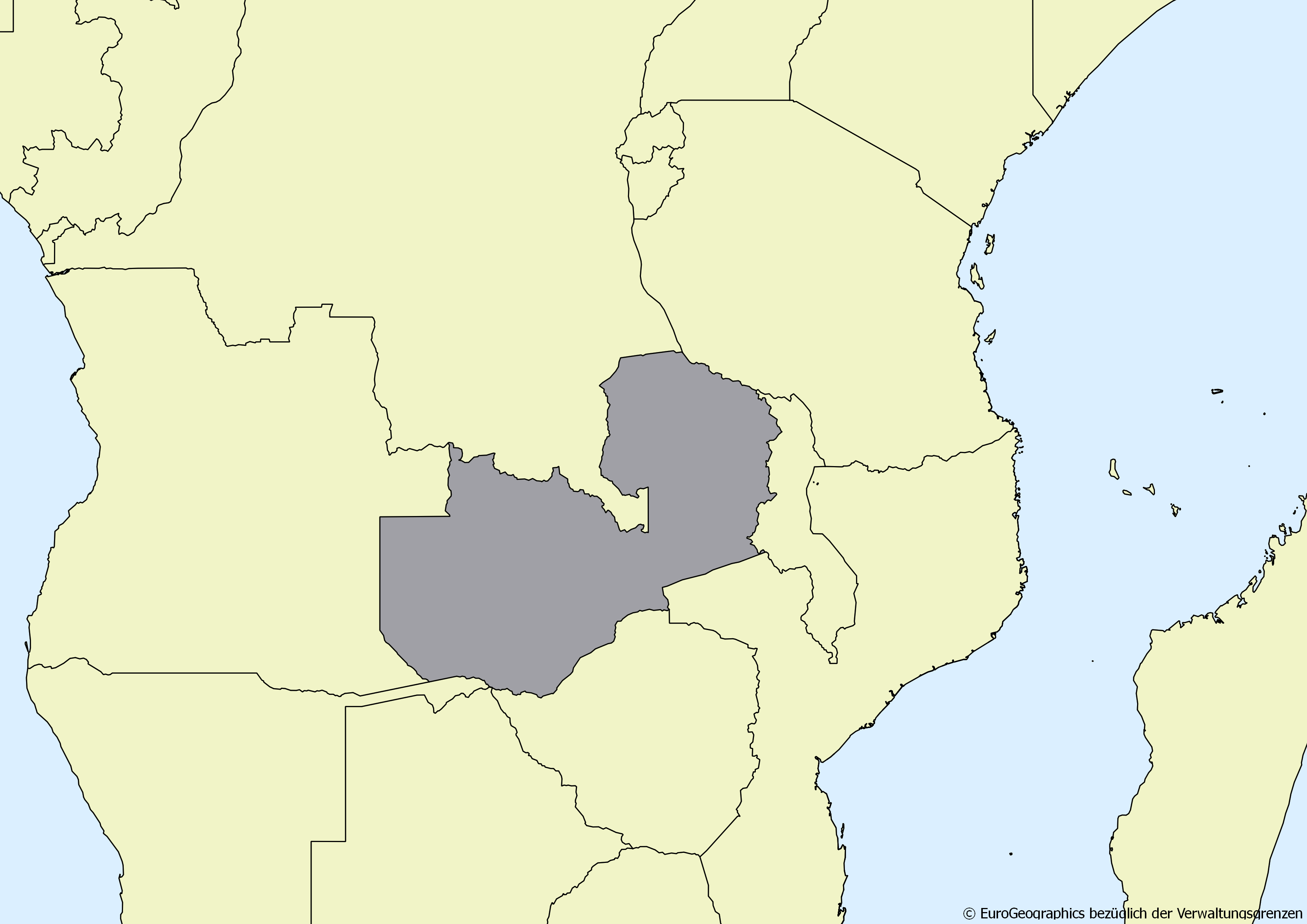 Ausschnitt einer Karte des afrikanischen Kontinents mit Ländergrenzen. Im Zentrum steht Sambia grau hervorgehoben