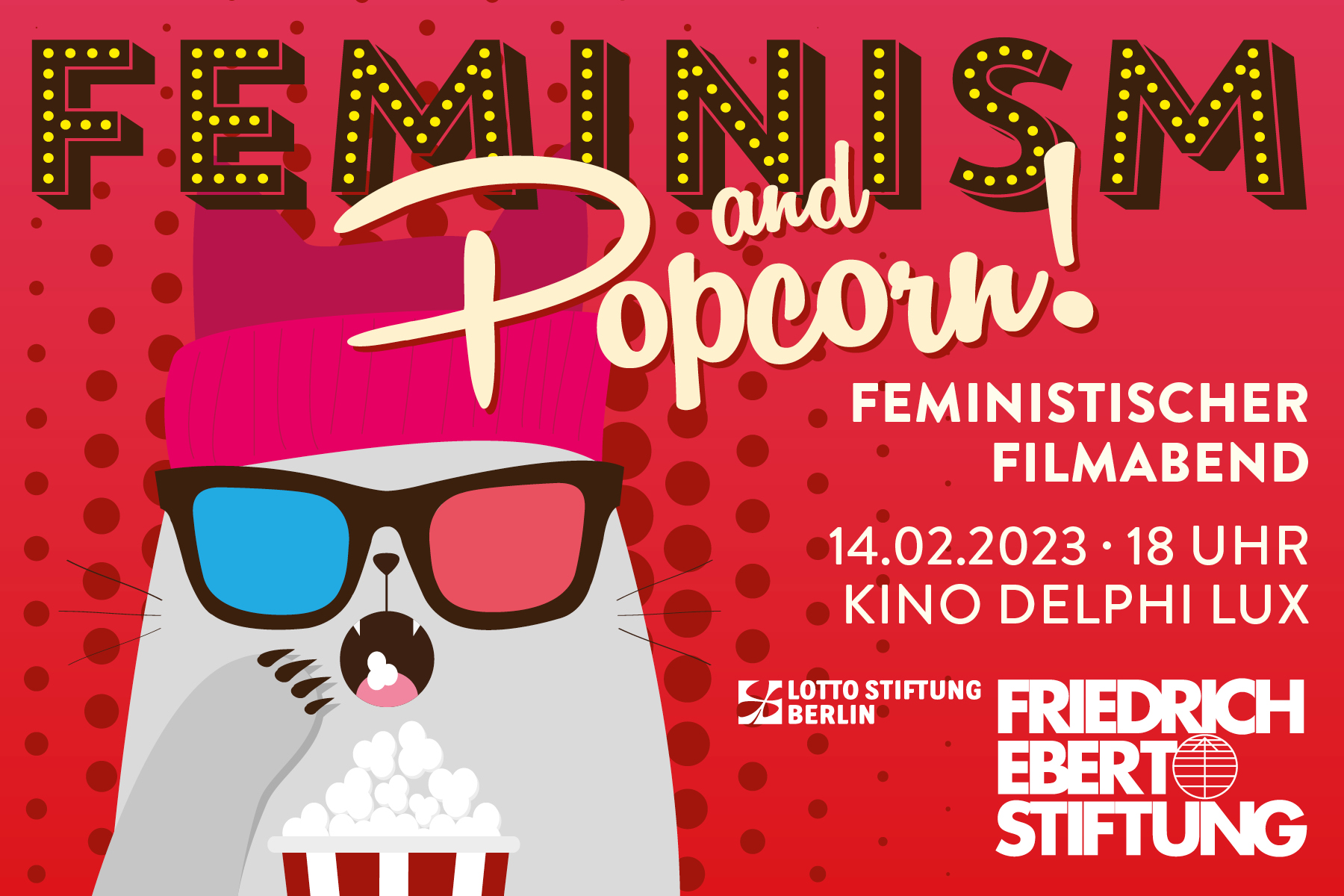 Logo von Feminism and Popcorn, Katze mit 3d-Brille isst Popcorn