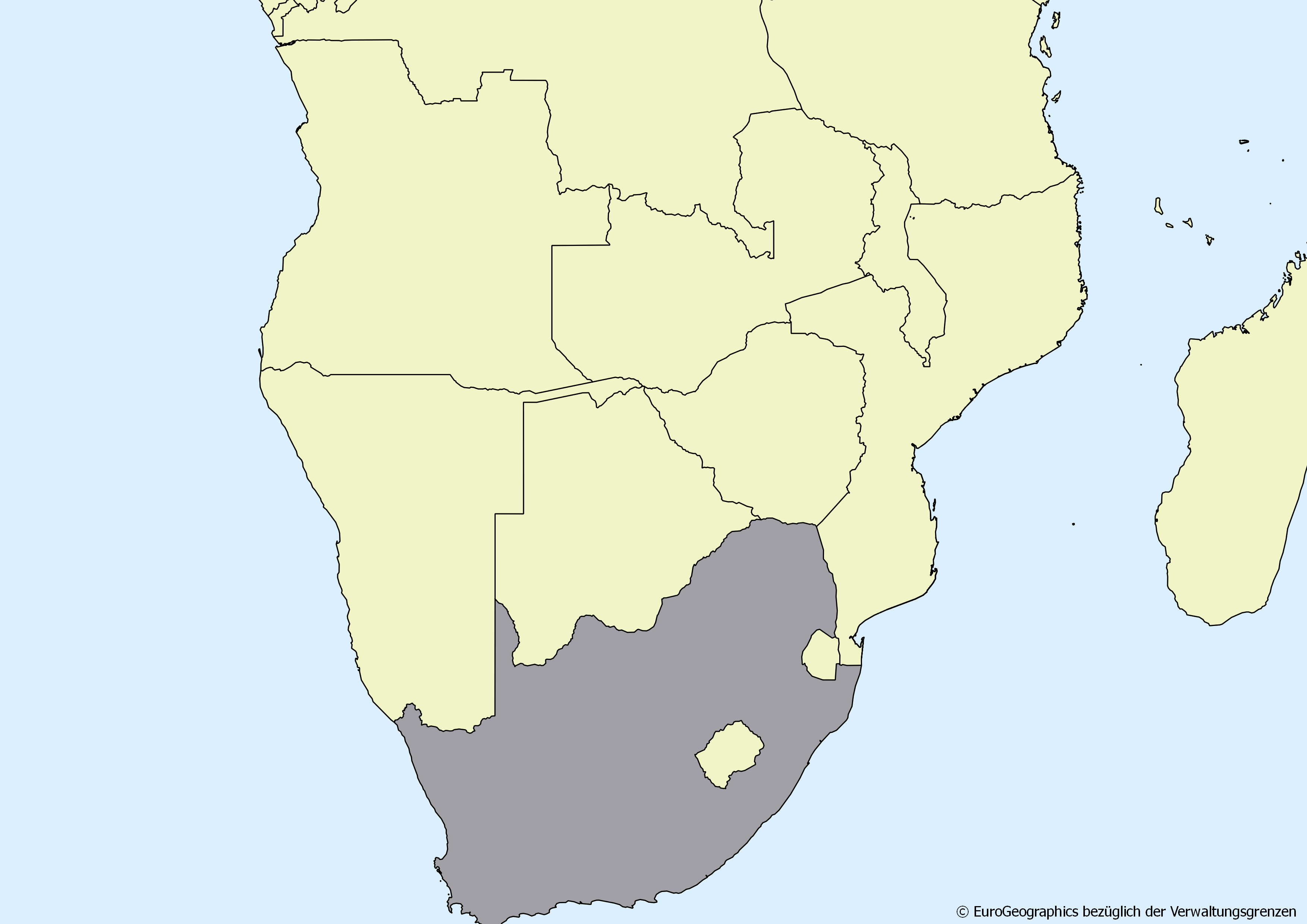 Ausschnitt einer Karte des afrikanischen Kontinents mit Ländergrenzen. Im Zentrum steht Südafrika grau hervorgehoben