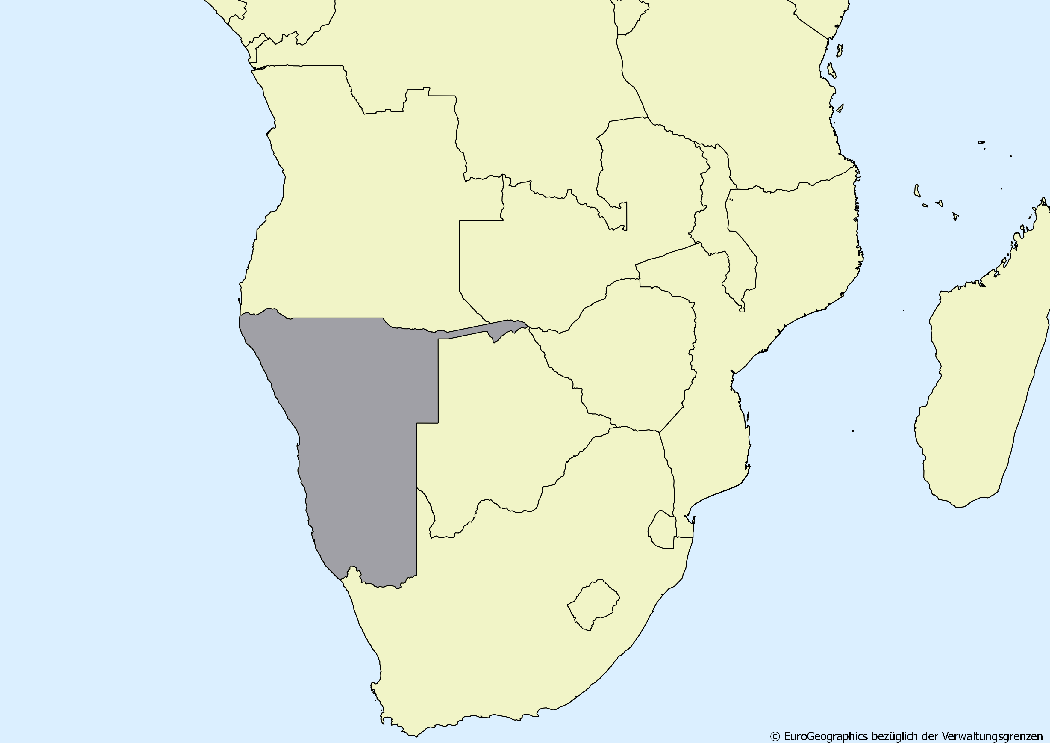Ausschnitt einer Karte des afrikanischen Kontinents mit Ländergrenzen. Im Zentrum steht Namibia grau hervorgehoben