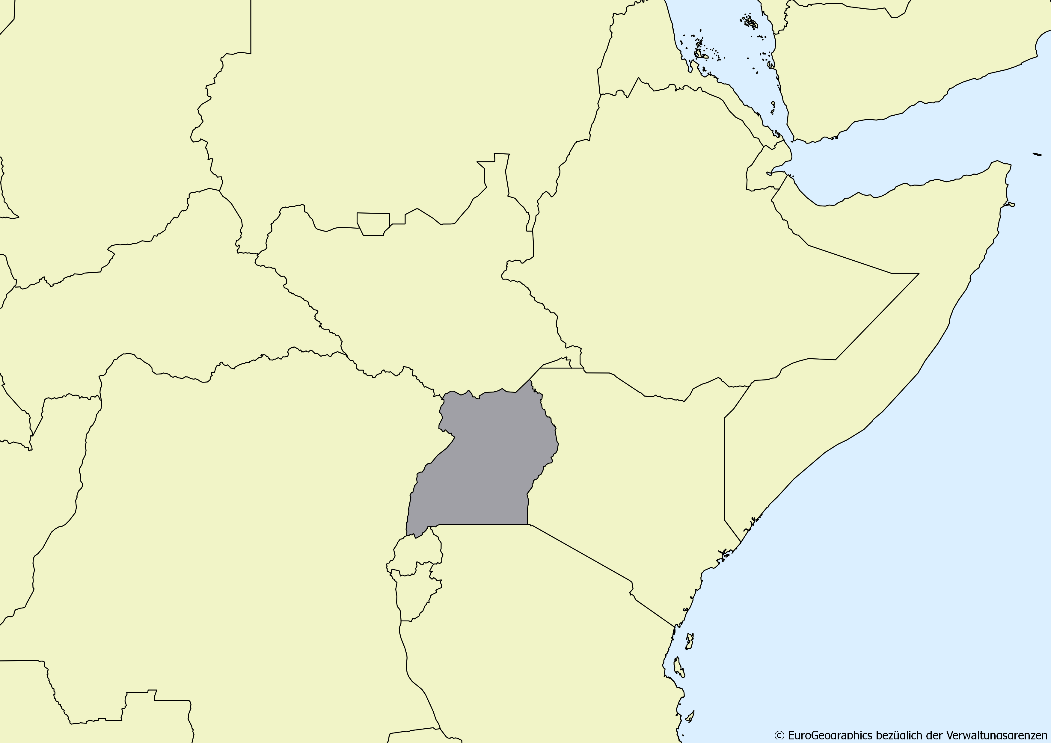 Ausschnitt einer Karte des afrikanischen Kontinents mit Ländergrenzen. Im Zentrum steht Uganda grau hervorgehoben