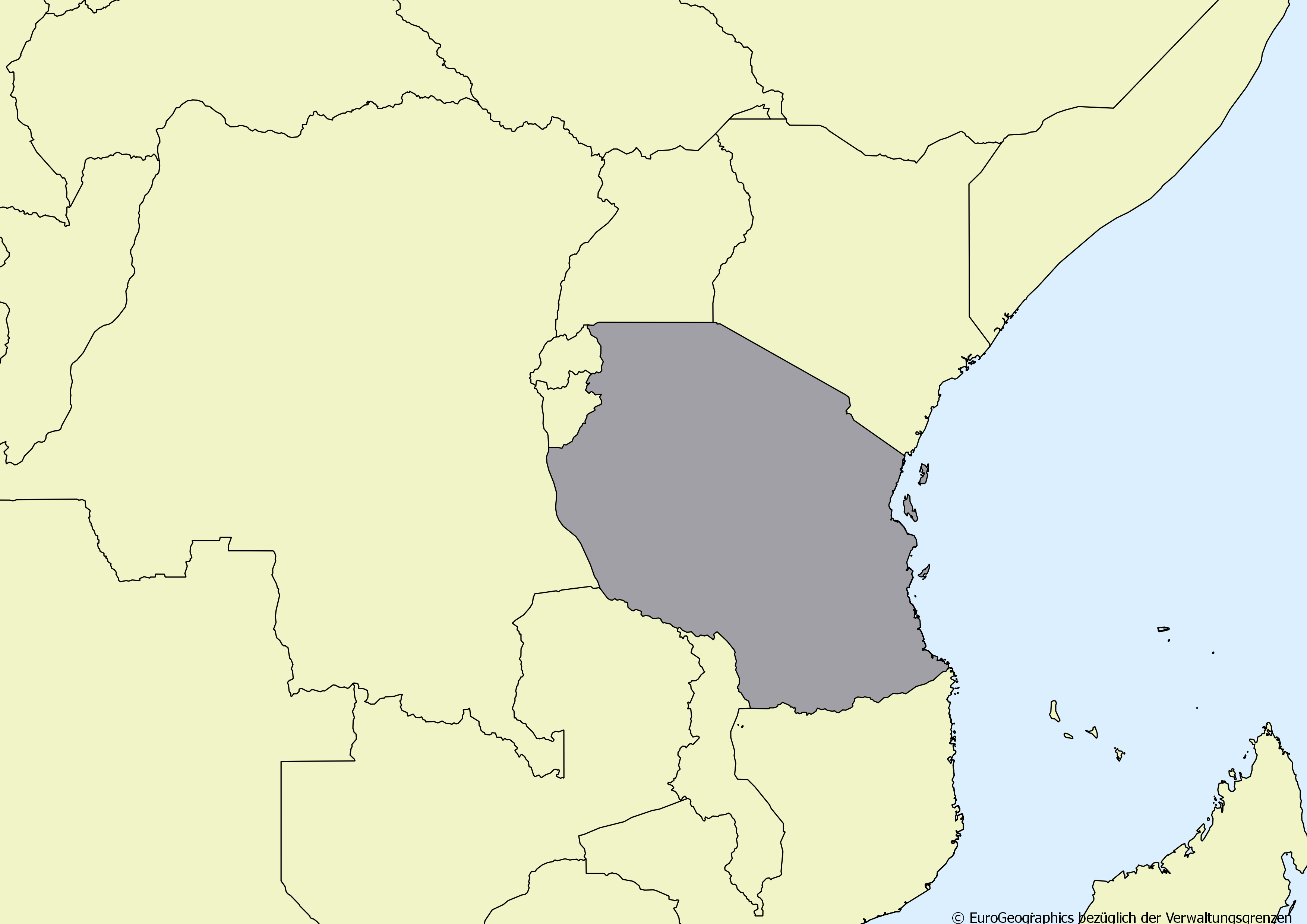 Ausschnitt einer Karte des afrikanischen Kontinents mit Ländergrenzen. Im Zentrum steht Tansania grau hervorgehoben