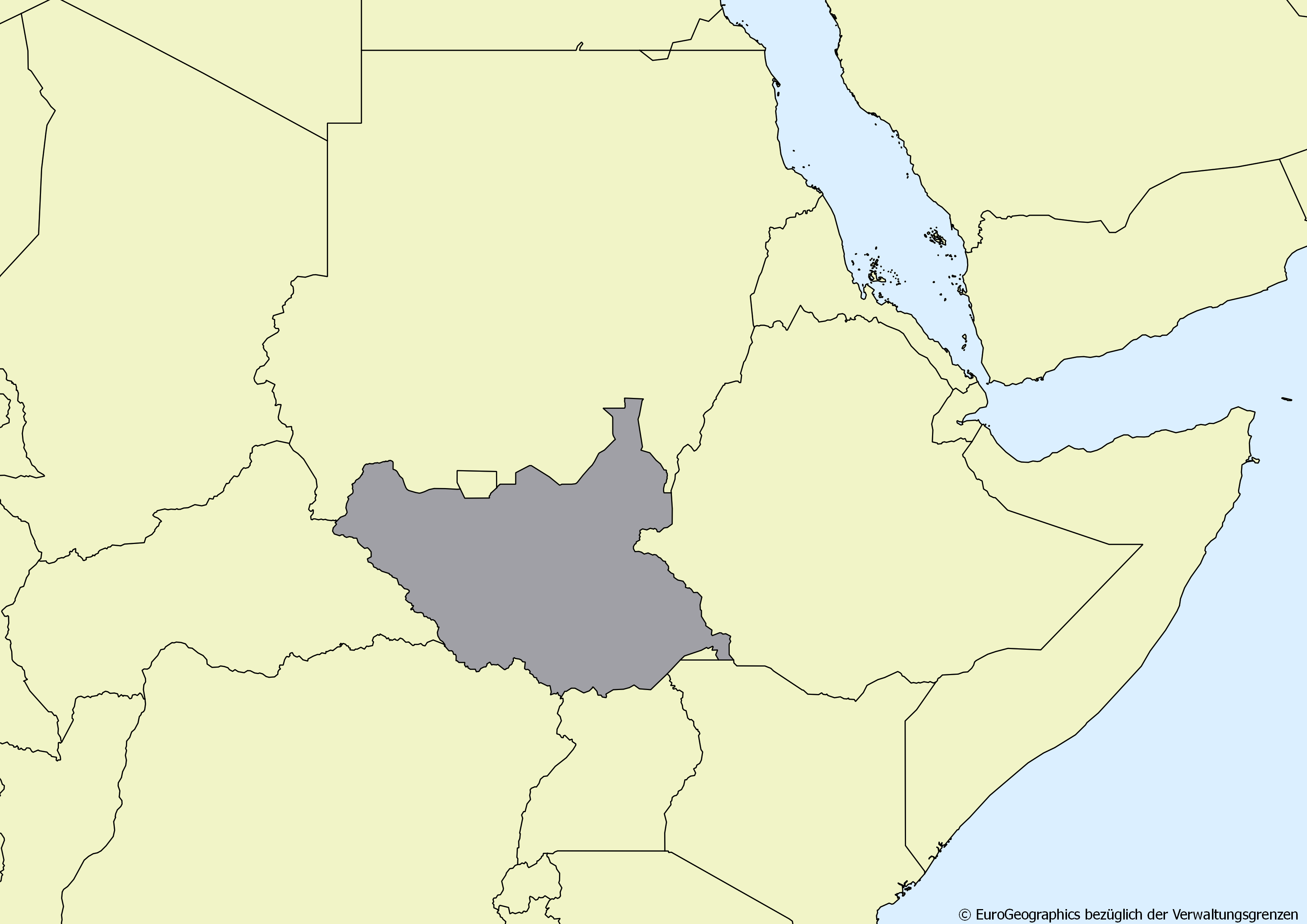 Ausschnitt einer Karte des afrikanischen Kontinents mit Ländergrenzen. Im Zentrum steht Südsudan grau hervorgehoben