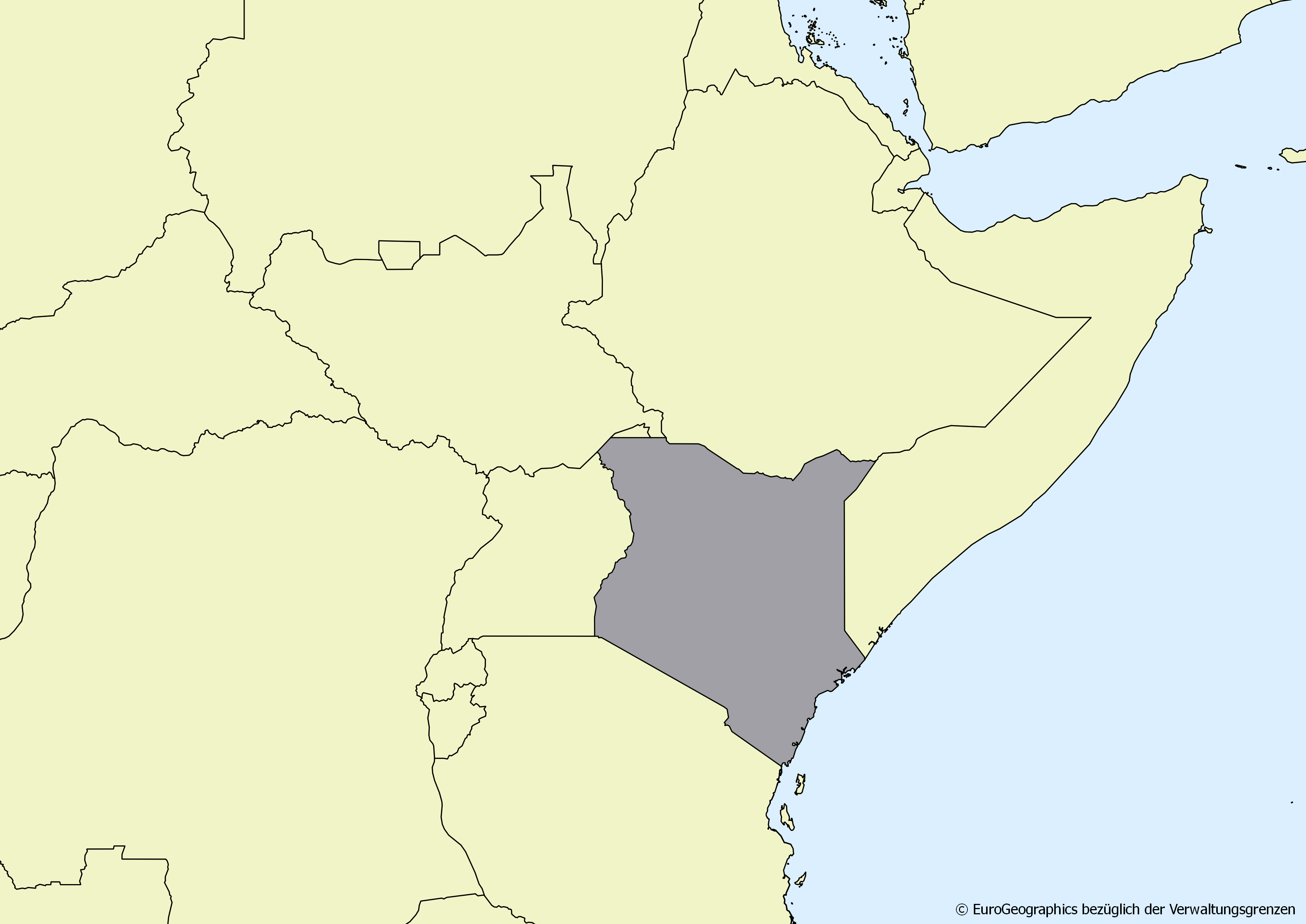 Ausschnitt einer Karte des afrikanischen Kontinents mit Ländergrenzen. Im Zentrum steht Kenia grau hervorgehoben