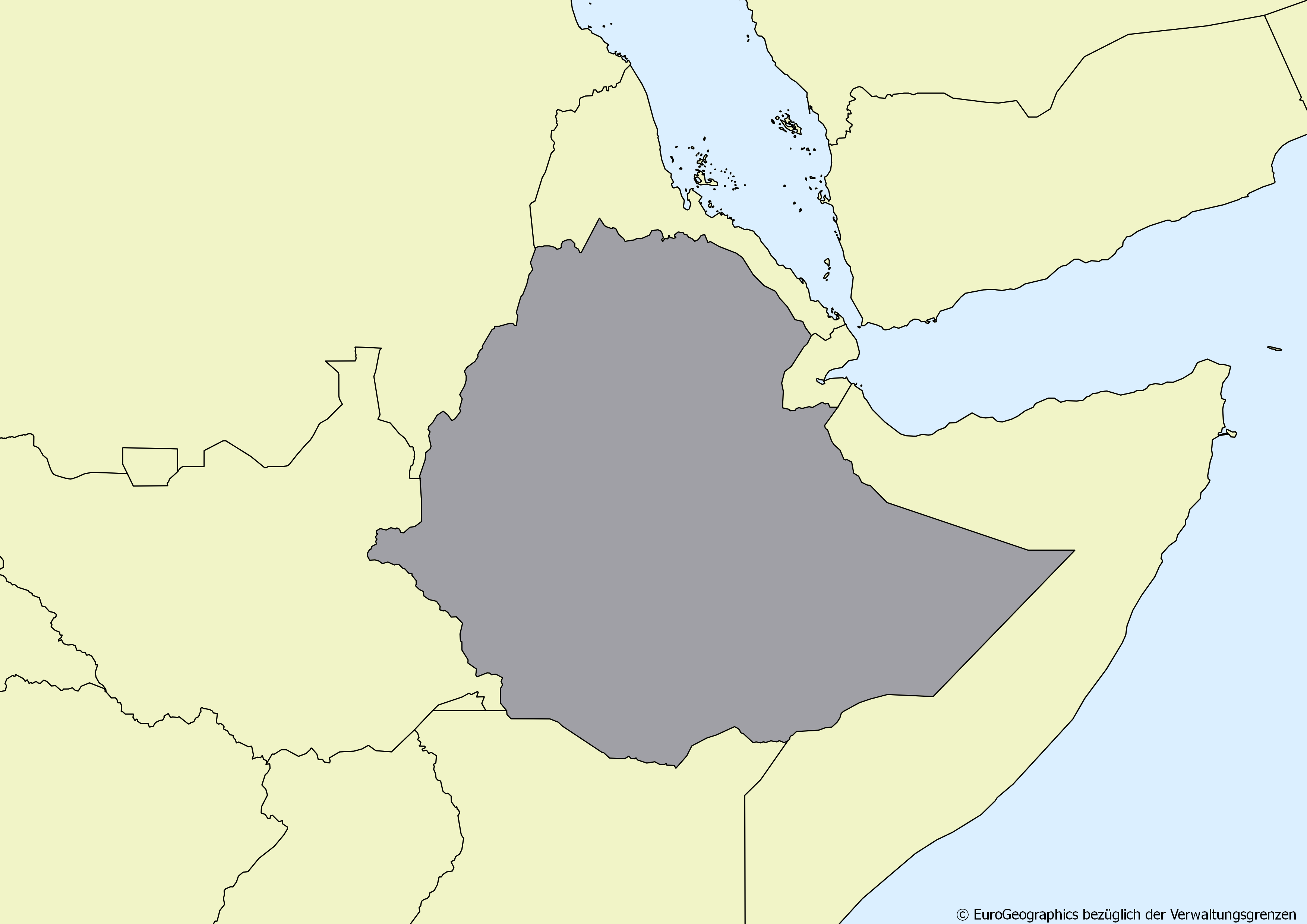 Ausschnitt einer Karte des afrikanischen Kontinents mit Ländergrenzen. Im Zentrum steht Äthiopien grau hervorgehoben
