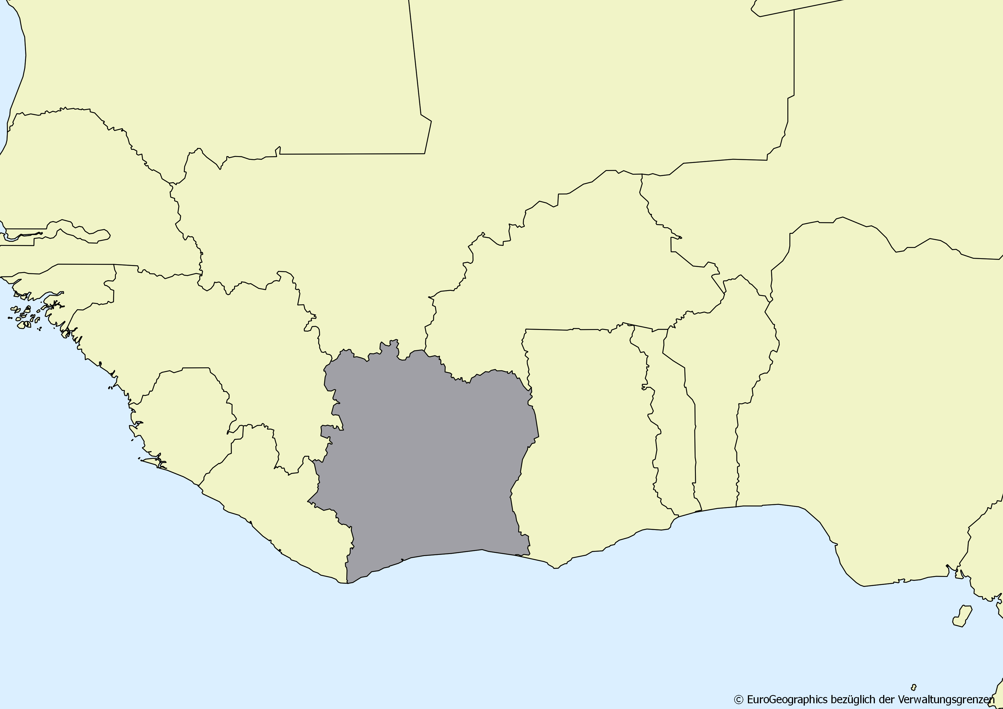 Ausschnitt einer Karte des afrikanischen Kontinents mit Ländergrenzen. Im Zentrum steht Côte d'Ivoire grau hervorgehoben