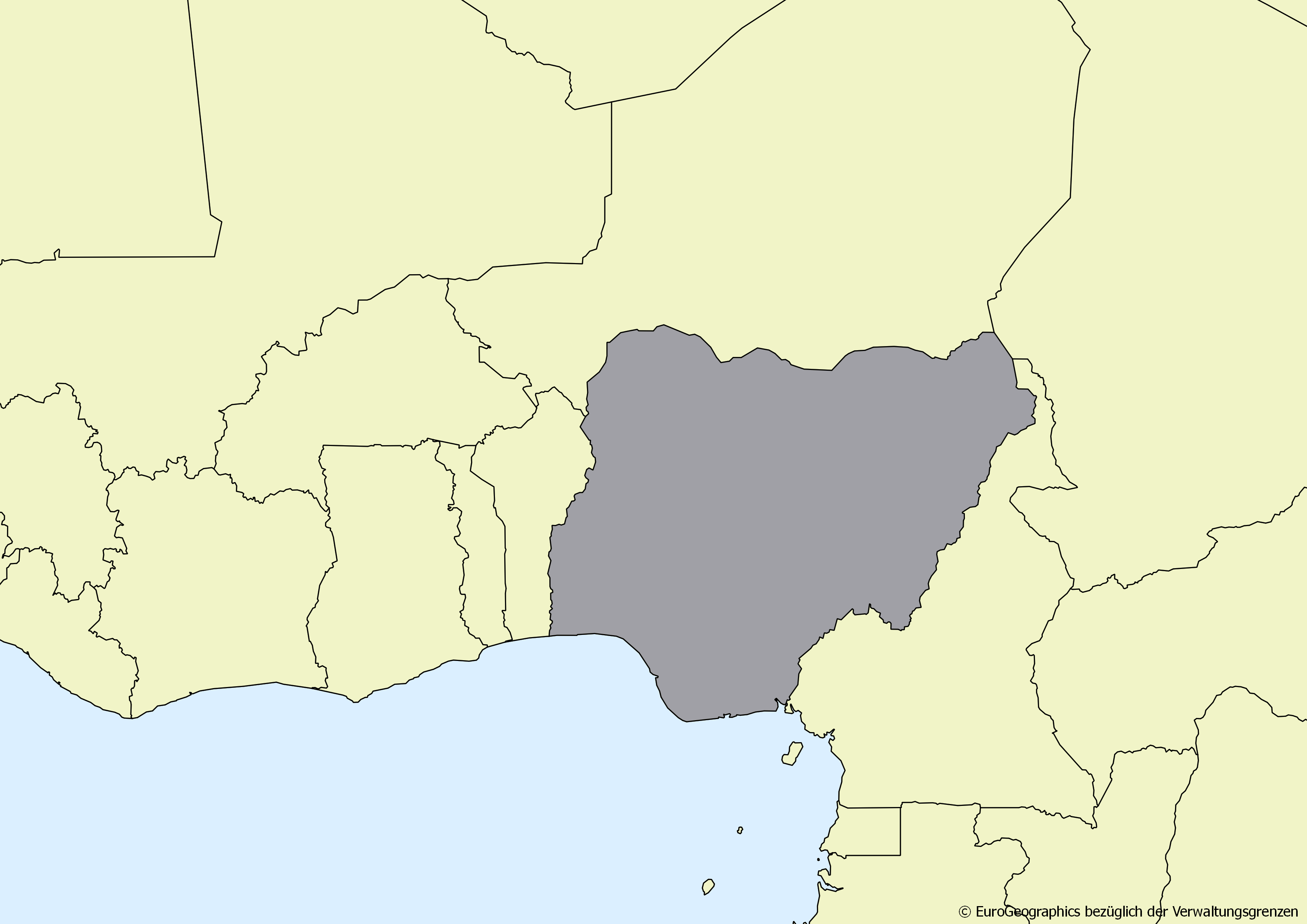 Ausschnitt einer Karte des afrikanischen Kontinents mit Ländergrenzen. Im Zentrum steht Nigeria grau hervorgehoben
