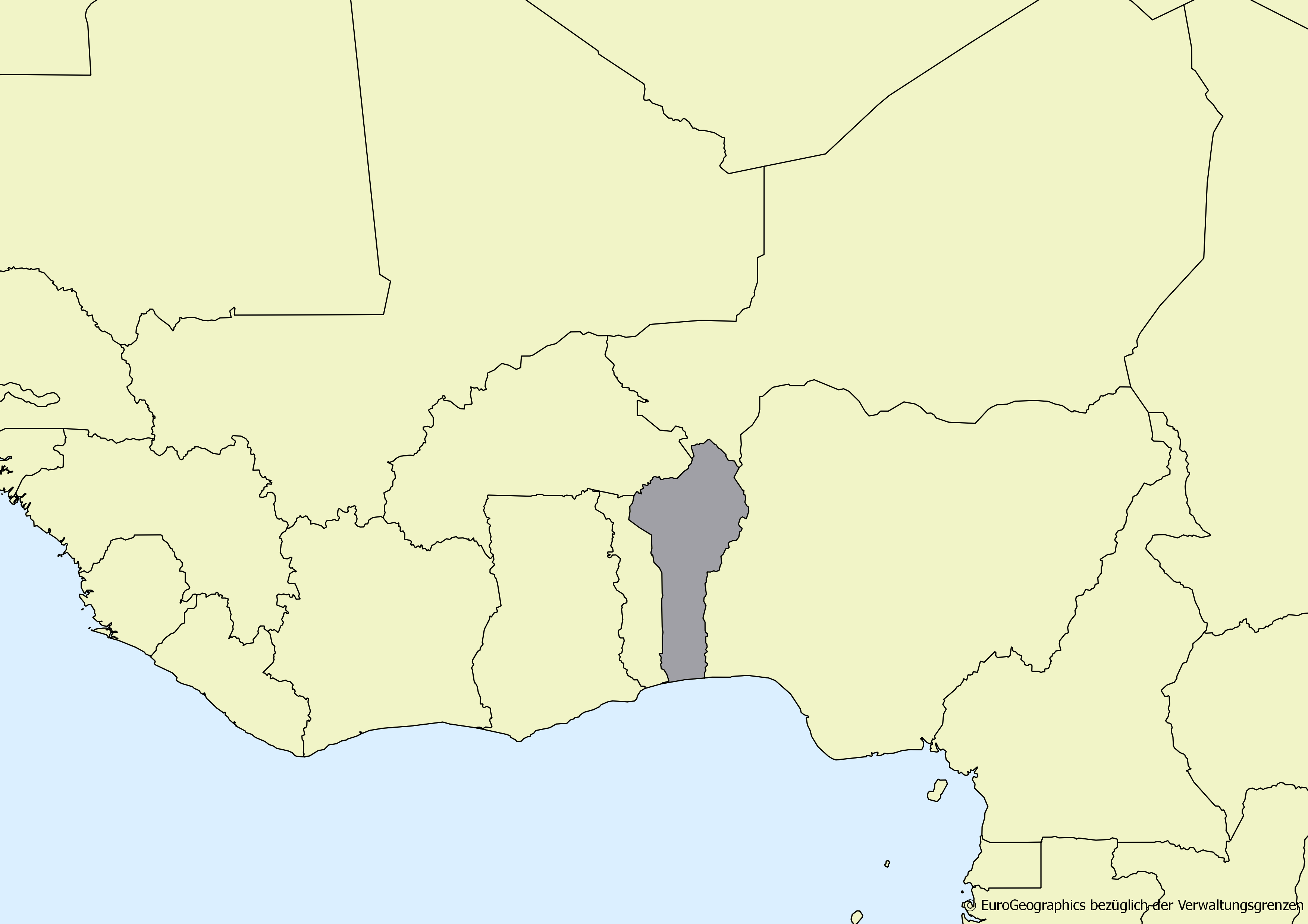 Ausschnitt einer Karte des afrikanischen Kontinents mit Ländergrenzen. Im Zentrum steht Benin grau hervorgehoben