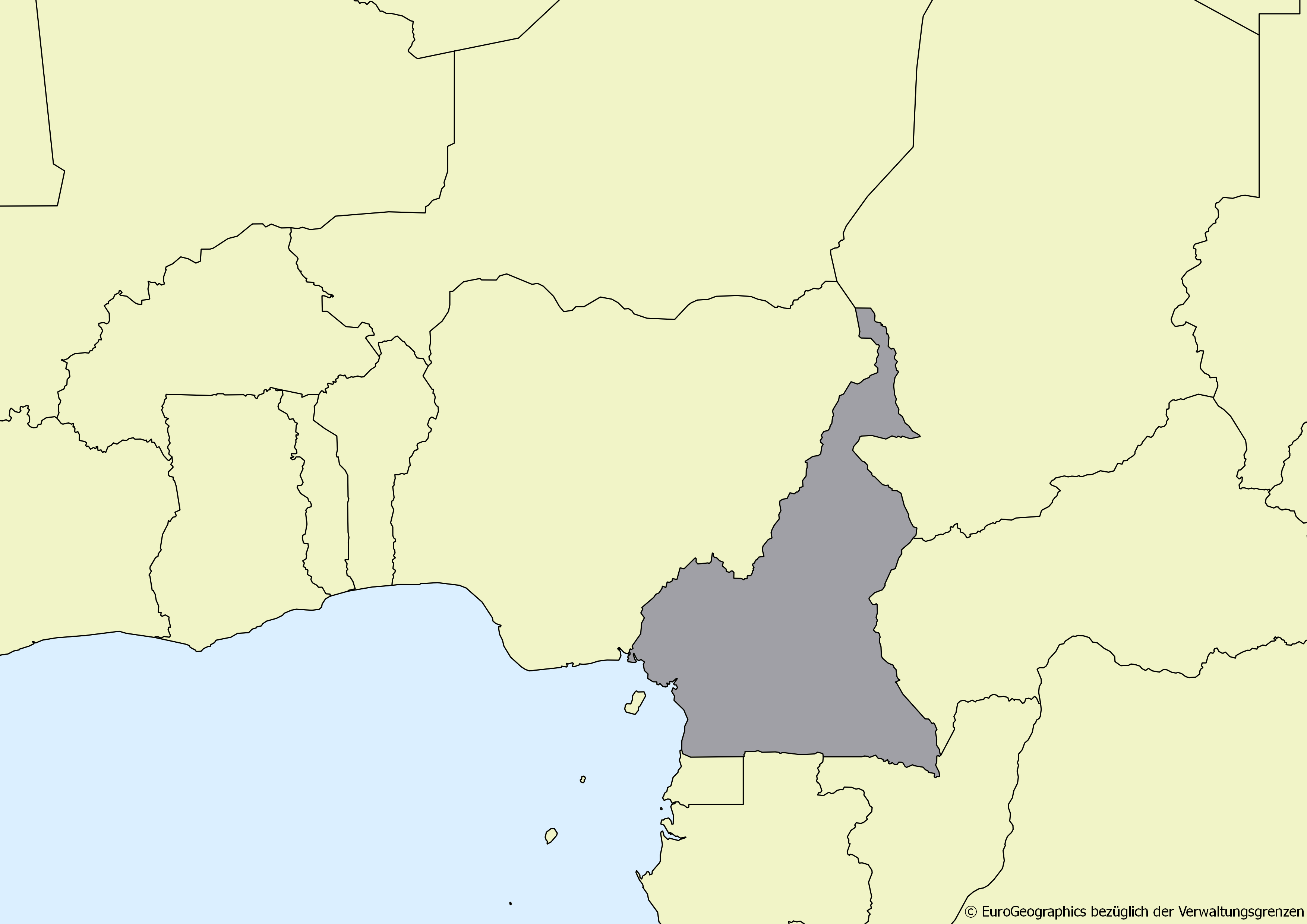 Ausschnitt einer Karte des afrikanischen Kontinents mit Ländergrenzen. Im Zentrum steht Kamerun grau hervorgehoben