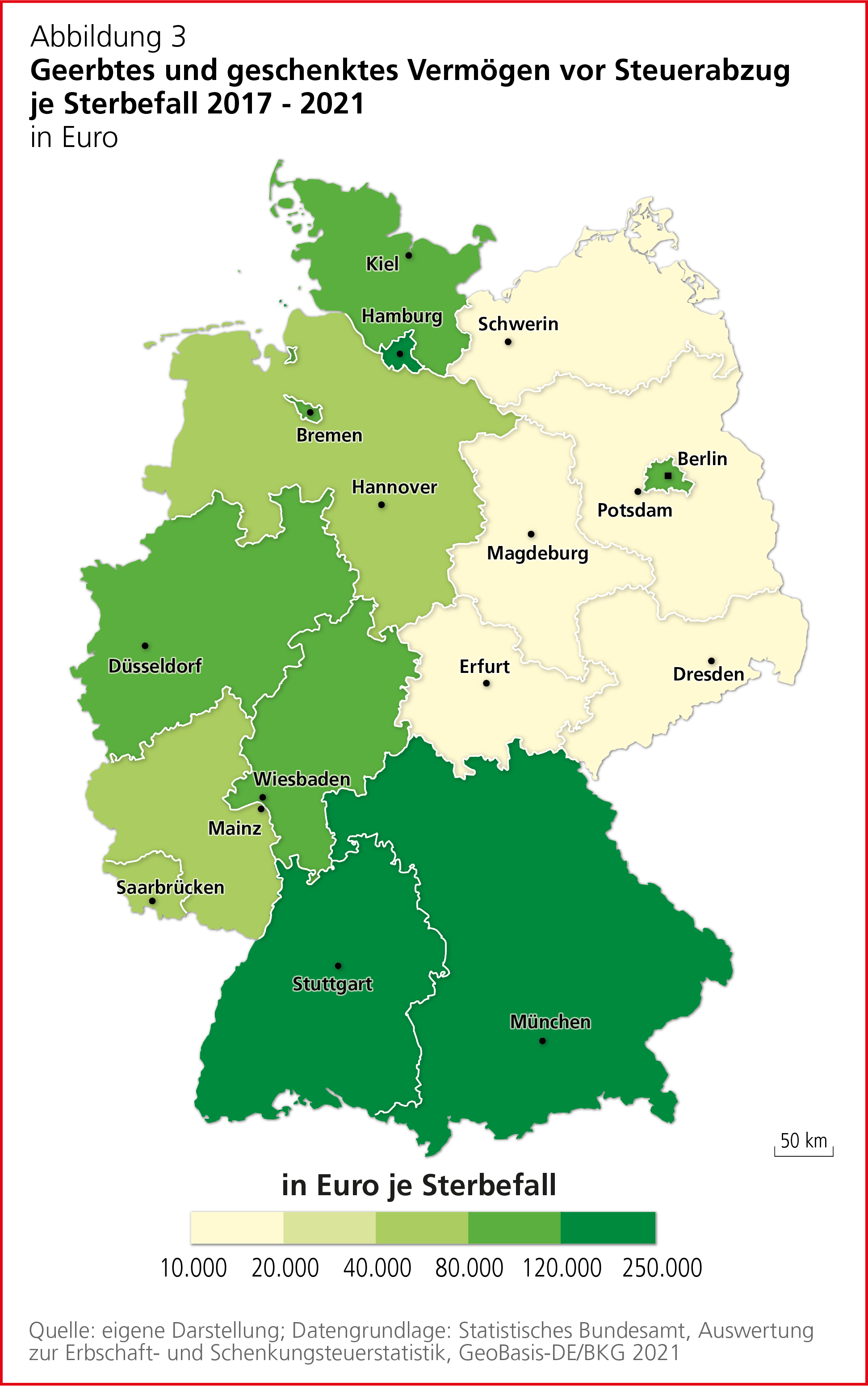Deutschlandkarte mit den Studienergebnissen zum Thema "Geerbtes und Geschenktes Vermögen vor Steuerabzug je Sterbefall 2017-2021"