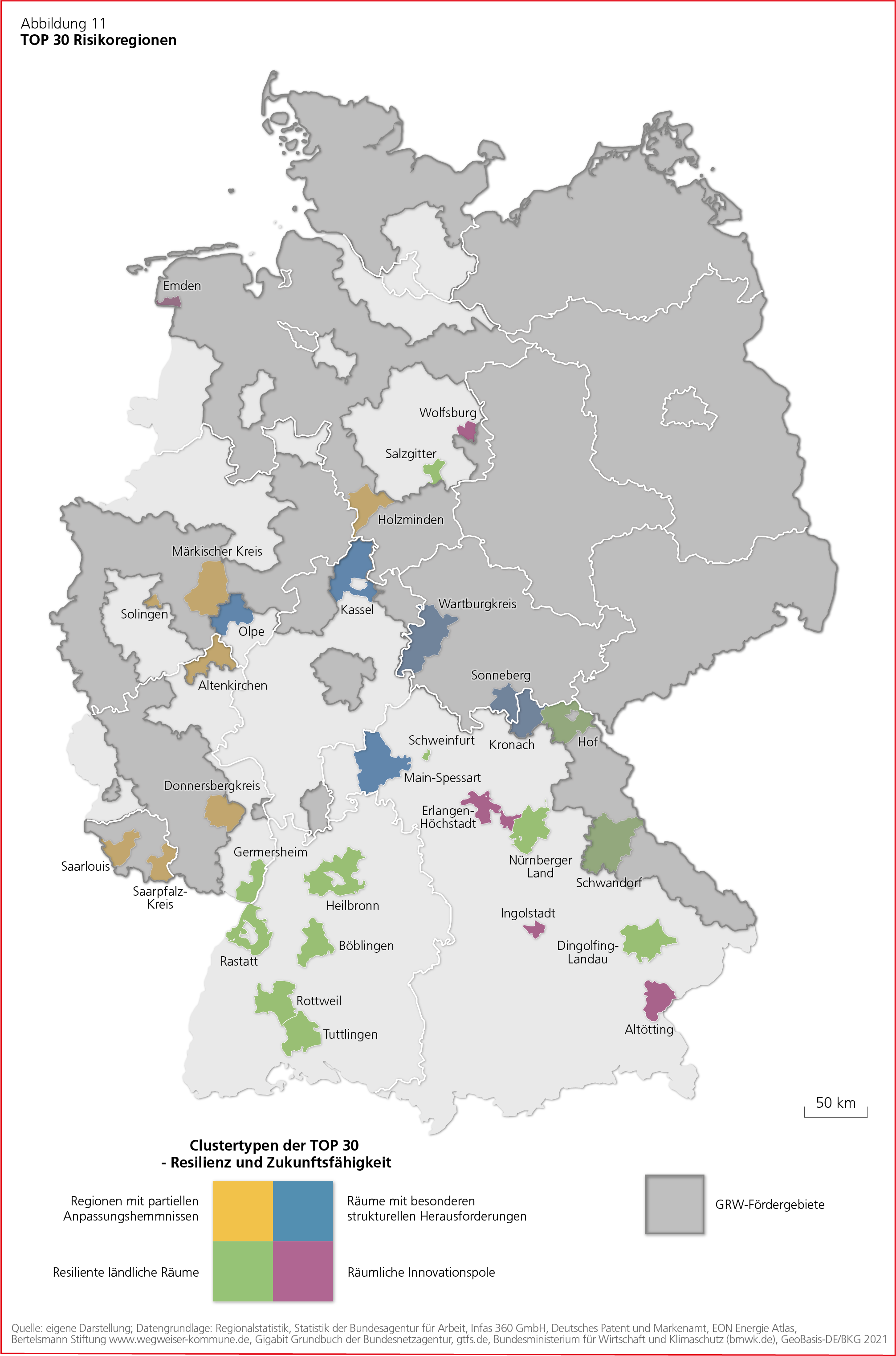 Deutschlandkarte mit den Studienergebnissen mit der Überschrift "Top 30 Risikoregionen"