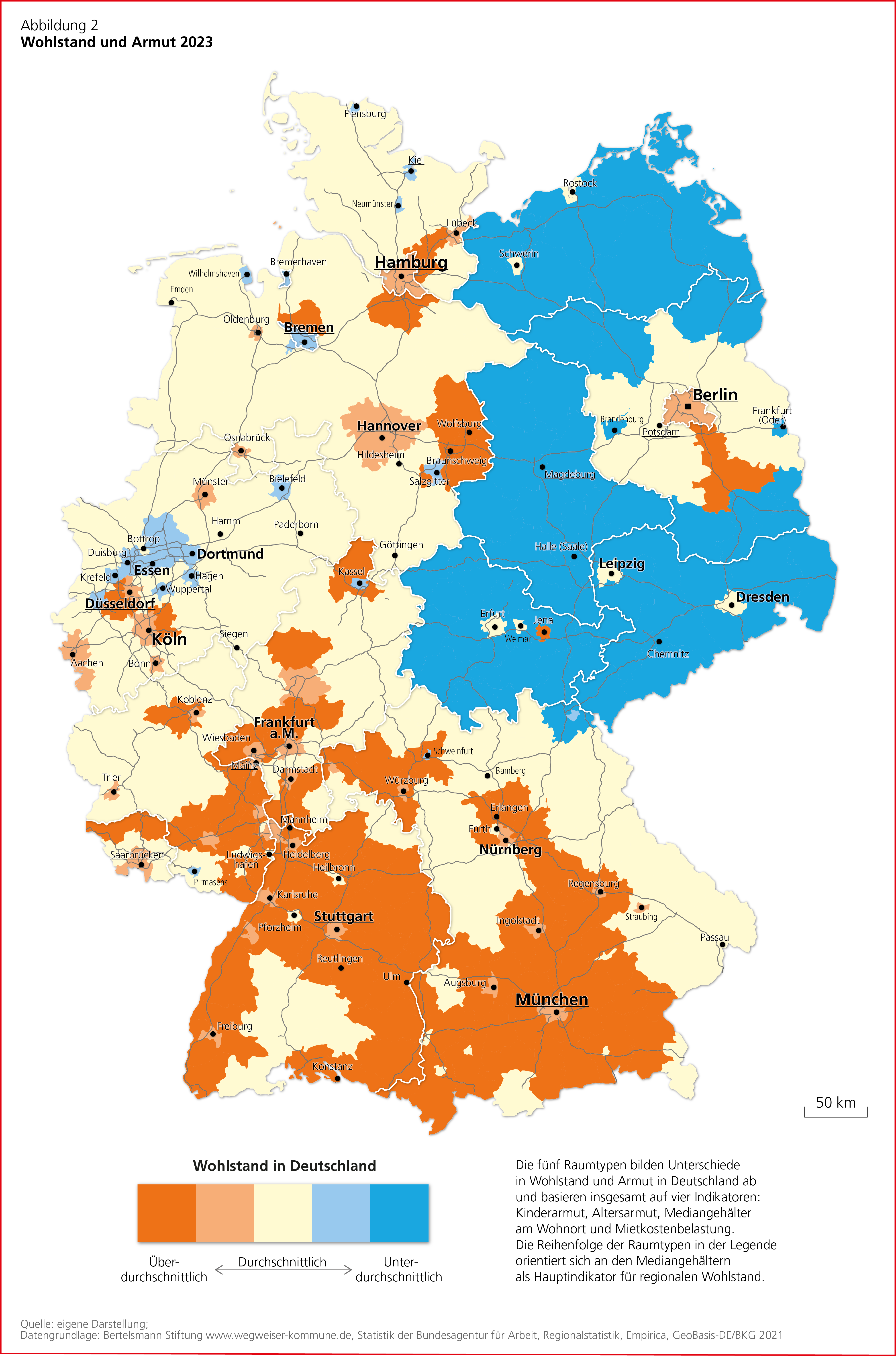 Deutschlandkarte mit den Studienergebnissen mit der Überschrift "Wohlstand und Armut 2023"