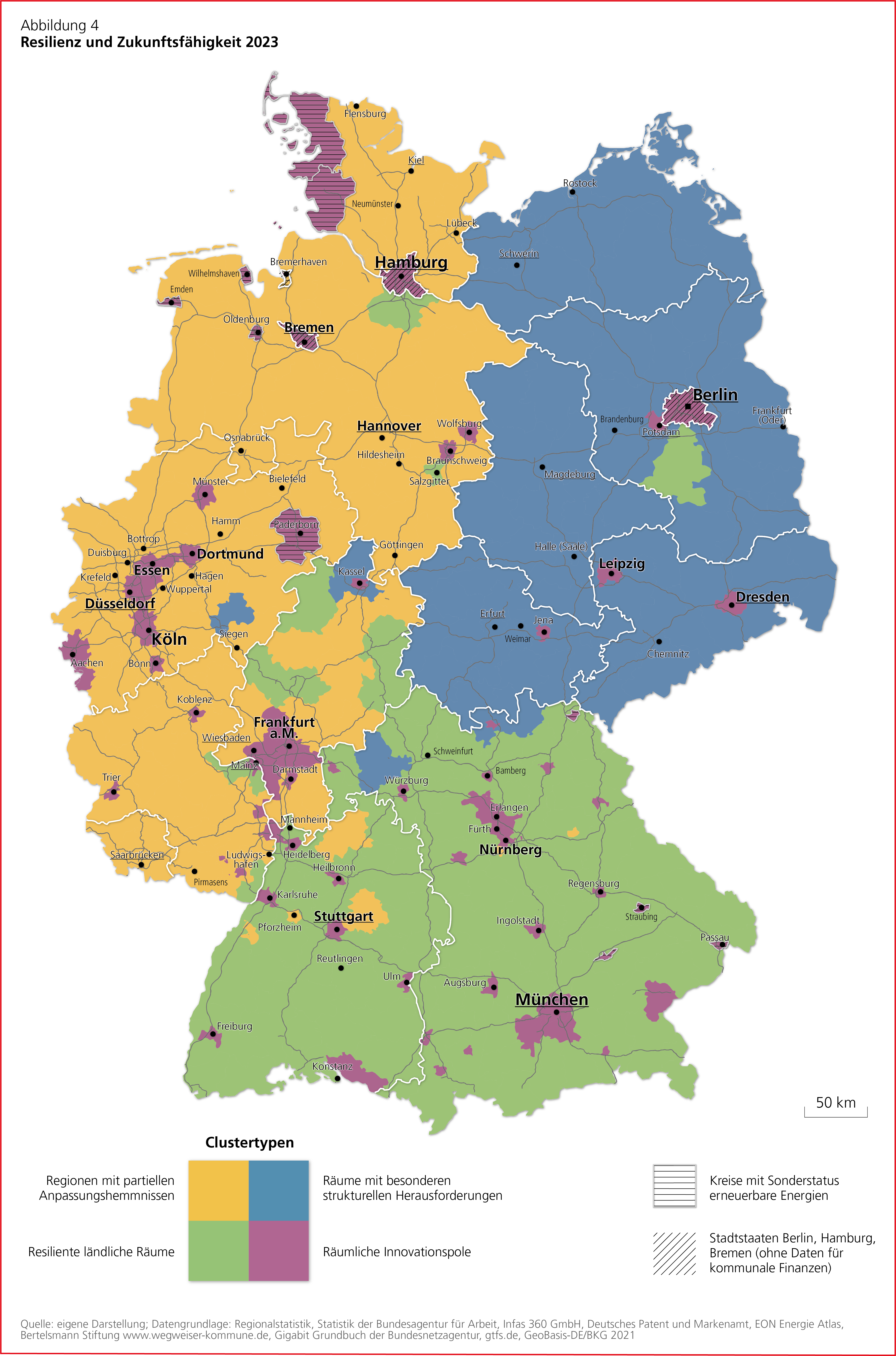 Deutschlandkarte mit den Studienergebnissen mit der Überschrift "Resilienz und Zukunftsfähigkeit 2023"