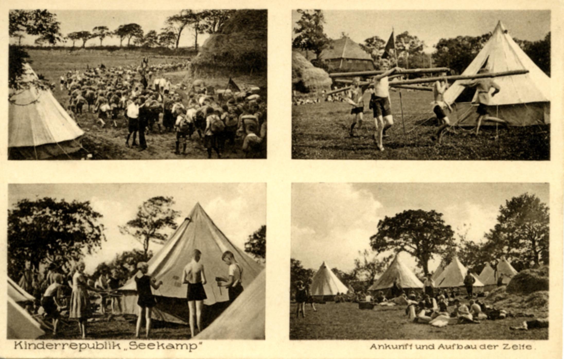 Postkarte mit vier Fotos in Sepia von der Kinderrepublik Seekamp 1927, auf denen Ankunft und Aufbau der Zelte dargestellt sind. AdsD 6/FOTB057288 .