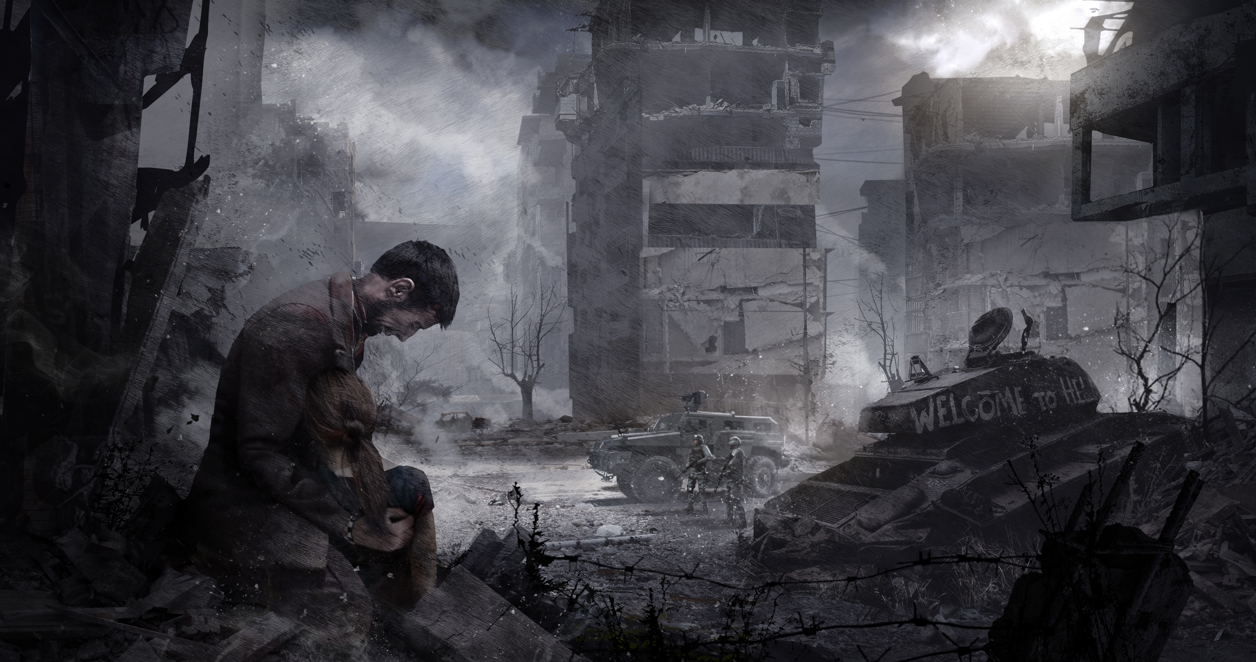 Artwork des Spiels "This War of Mine". Ein Mann hält ein Mädchen in den Armen, während er verzweifelt schreit. Sie sind in einer zestörten Stadt. Farbentsättigt.