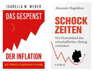 Coverbilder von "Das Gespenst der Inflation" von Isabella M. Weber und "Schock-Zeiten" von Alexander Hagelüken.